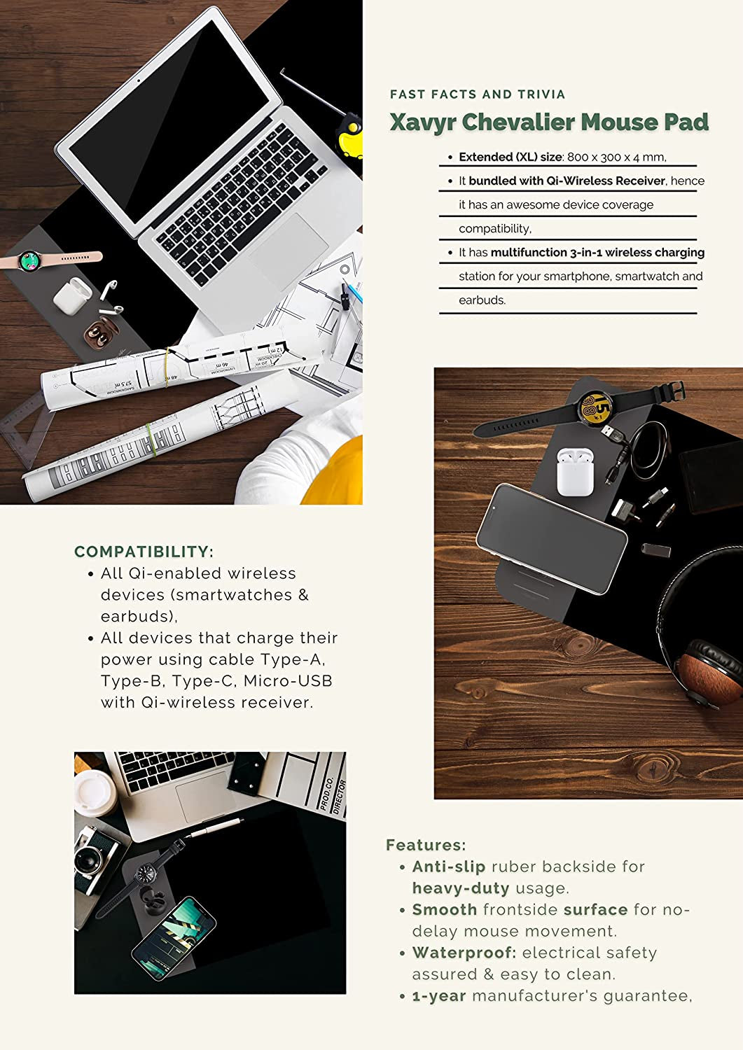 Xavyr Gaming XL Mousepad Deskpad with 3-In-1 Qi Wireless Charger 80 X 30 X 0.4 Cm for Smartphone, Smartwatch & Earbuds Can Charge All 3 Devices Altogether. Free Qi Wireless Receiver  Shenzen Kingsoil   