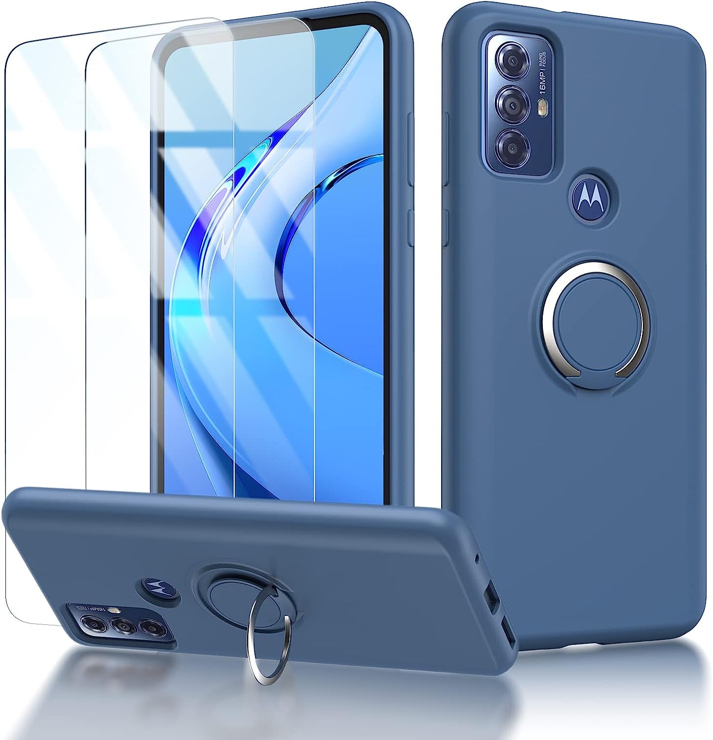 For Motorola Moto G Play 2023 | G Power 2022 | G Pure 2021 Case: with 2 Pack Tempered Screen Protector & Built in 360° Adjustable Ring Kickstand Shockproof Protection Soft TPU Silicone Phone Cover  TUNKARMOR   