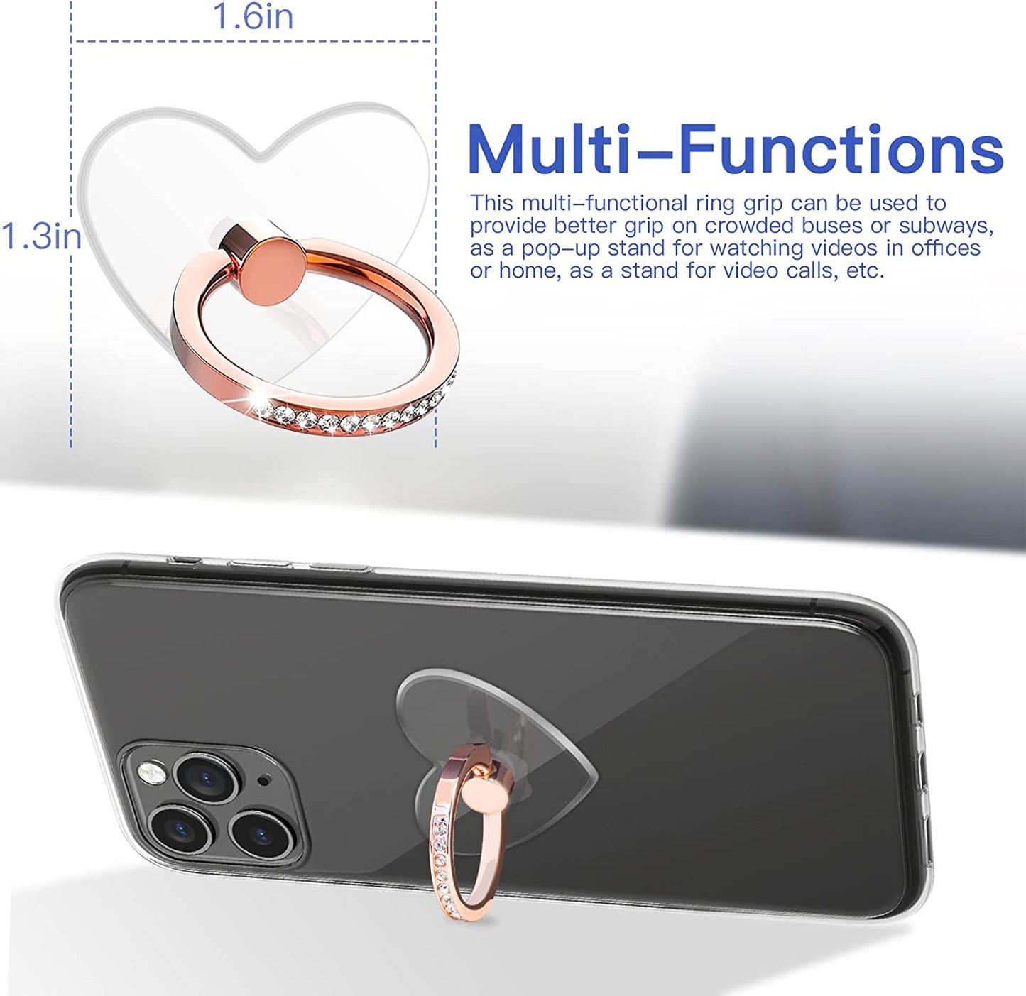 YINHEXI 2 Pcs Transparent Phone Ring Stand Holder Cell Phone Ring Holder Finger Grip 360 Degree Rotation (Rose Gold & Diamond-3)  YINHEXI   