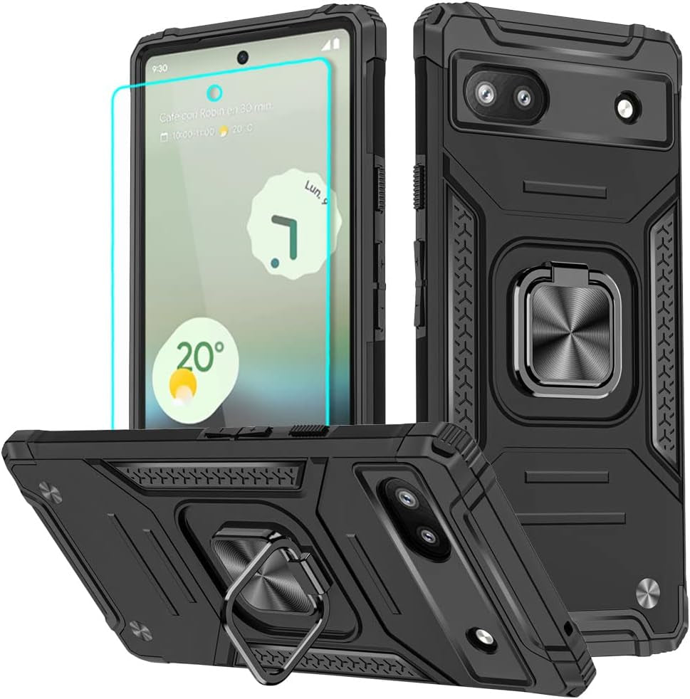 For Pixel 6A Case, Google Pixel 6A Case with HD Screen Protector, 360°Military Grade Rotatable Kickstand (Heavy Duty) Shockproof Protective Cases for Pixel 6A Case (Blue)  HNHYGETE Google Pixel 6A Case Black  