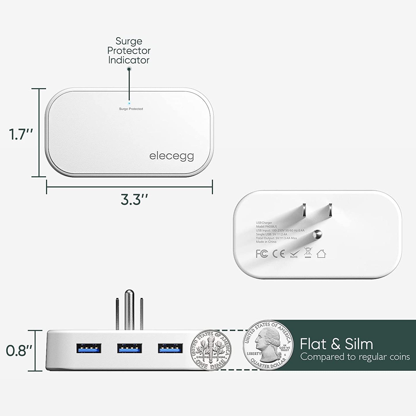 Slim Flat USB Wall Charger, Elecegg Ultra Thin 3 Port Wall Adapter with Smart IC, Low Profile Block Power Cube for Iphone, Ipad, Ipod, Android, Samsung Galaxy, and More  elecegg   