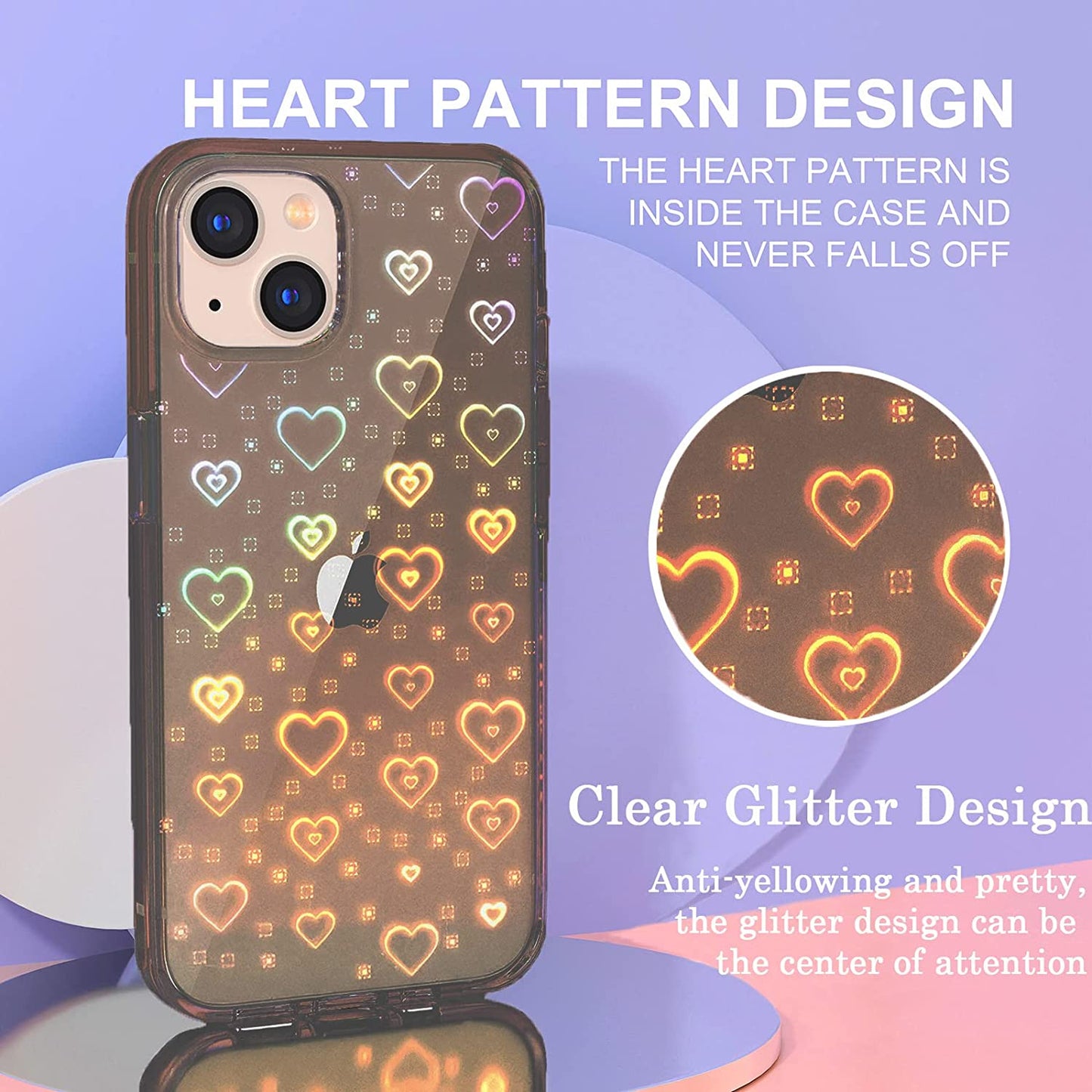 Tksafy Case Compatible Iphone 14 Case, Clear Glitter Cute Laser Holographic Love Heart Pattern for Women Girls, Anti-Yellow Hard PC Protective Phone Cover for Iphone 14 6.1-Inch 2022, Light Black  Tksafy   