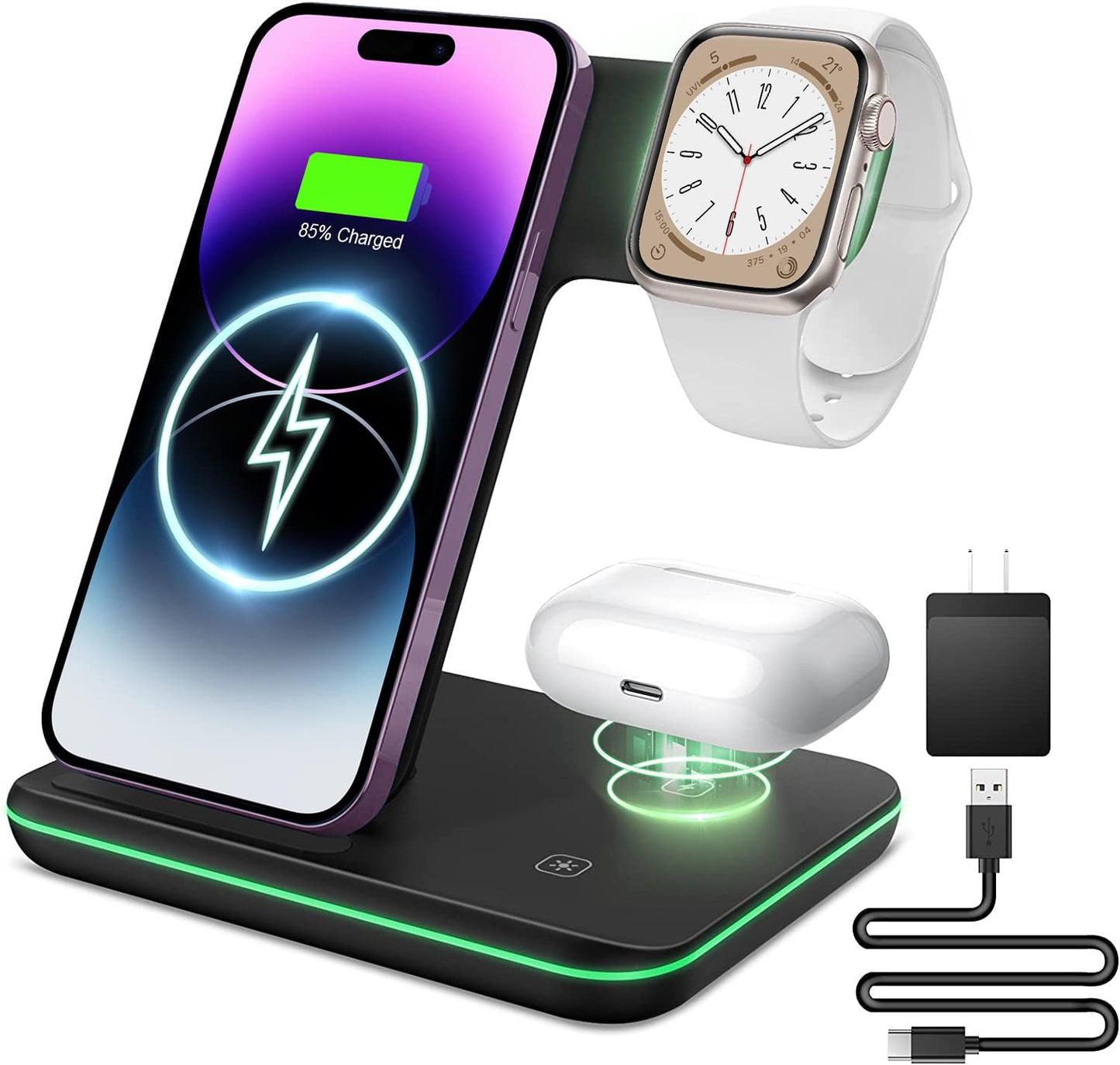 Liwin Wireless Charger, 3 in 1 Fast 15W Wireless Charging Station Compatible with Apple Watch 8 7 SE 6 5 4 3 2, Iphone 14 13 12 11 Pro/Pro Max/8/X, Airpods Pro 3 2, for Samsung S22 S21 S10 S9, Black  Dongguan Xunyue Electronics Co.,Ltd.   