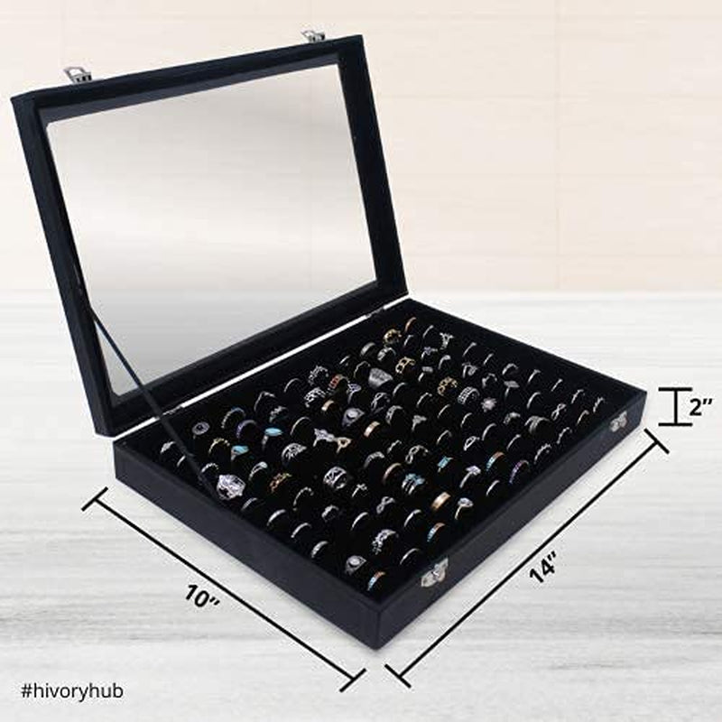Ring Organizer Box with Transparent Lid ~ Ring Holder Showcase for Store Display, Jewelry Show & Home ~ Jewelry Tray Organizer for Rings, Studs & Earrings (Black)  Hivory   