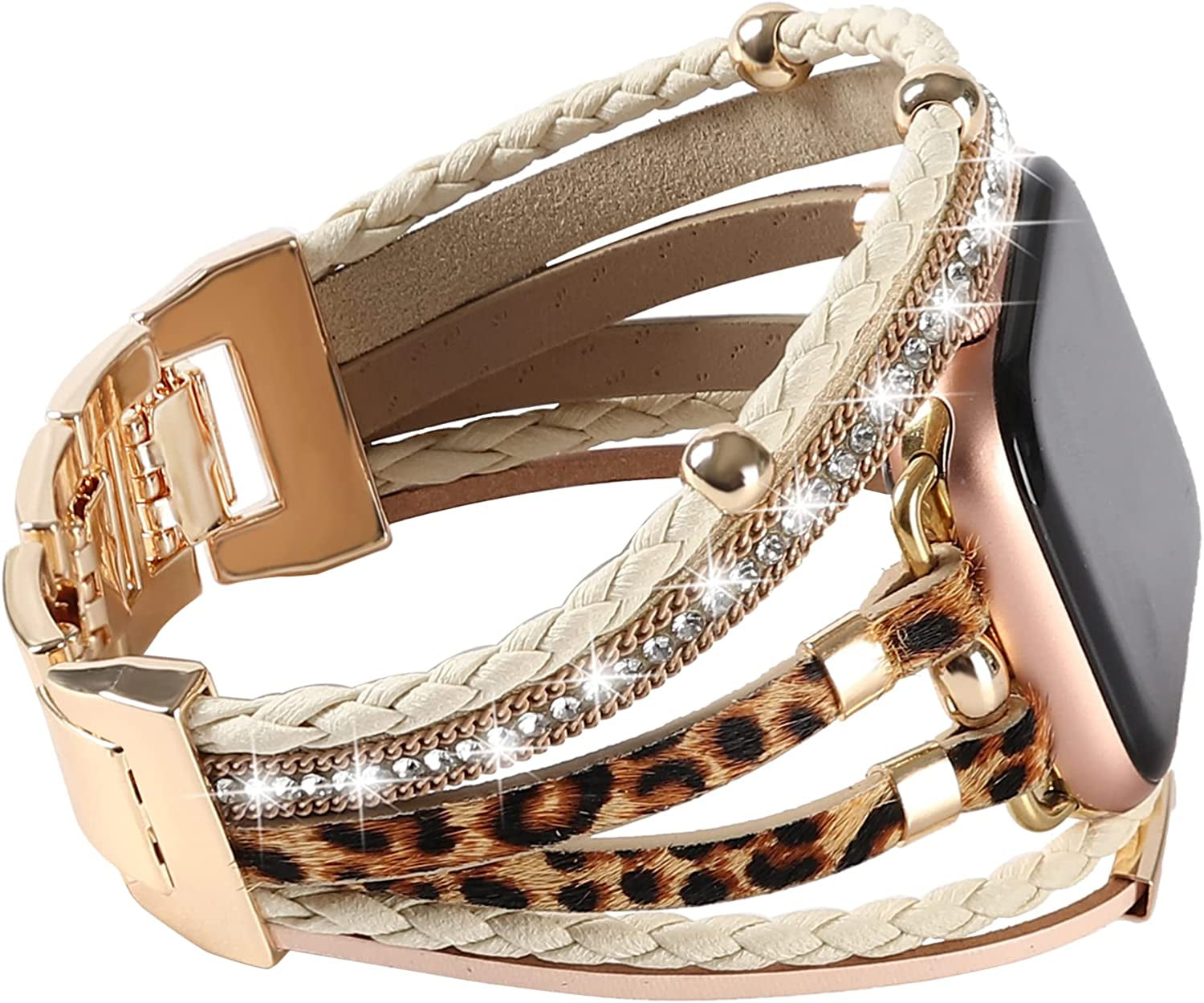 WONMILLE Posh Leather Bands Compatible with Apple Watch 41Mm 40Mm 38Mm 45Mm 44Mm 42Mm 49Mm Women, Boho Bracelets Jewelry Multilayer Wrap Strap for Iwatch Series Ultra 8 7 6 5 4 3 2 1 SE  WONMILLE Brown Leopard with Gold 42mm/44mm/45mm 