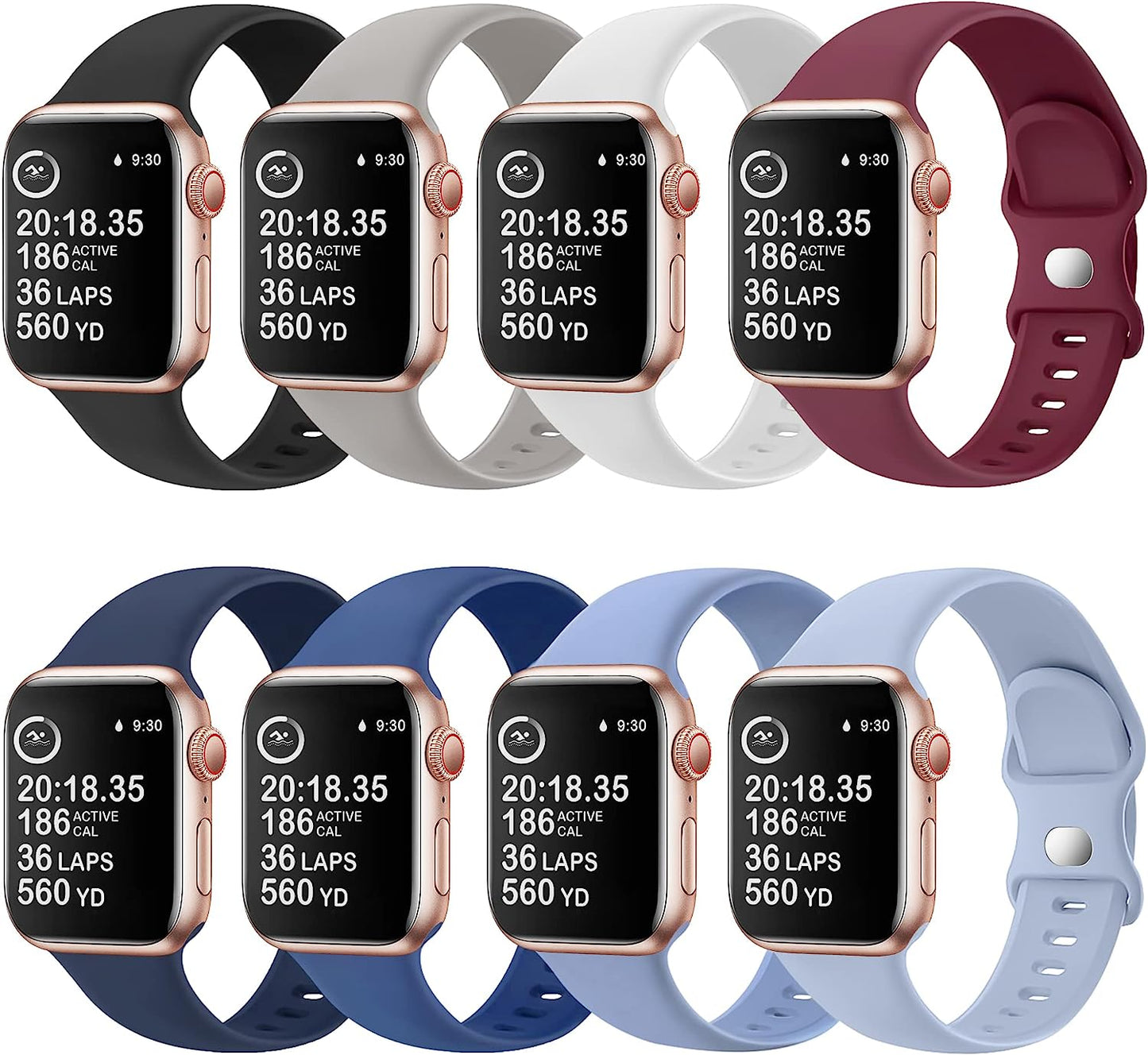 8 Pack Watch Bands Compatible with Apple Watch Band 38Mm 40Mm 41Mm 42Mm 44Mm 45Mm 49Mm for Women Men, Soft Silicone Waterproof Sport Strap Replacement Wristbands for Iwatch Series 8 7 6 5 4 3 2 1 SE  OriBear 8 Pack A (Dark Gray/Black/White/Wine Red/Midnight Blue/Sapphire/Haze Blue/Sky Blue) 38mm/40mm/41mm M/L 