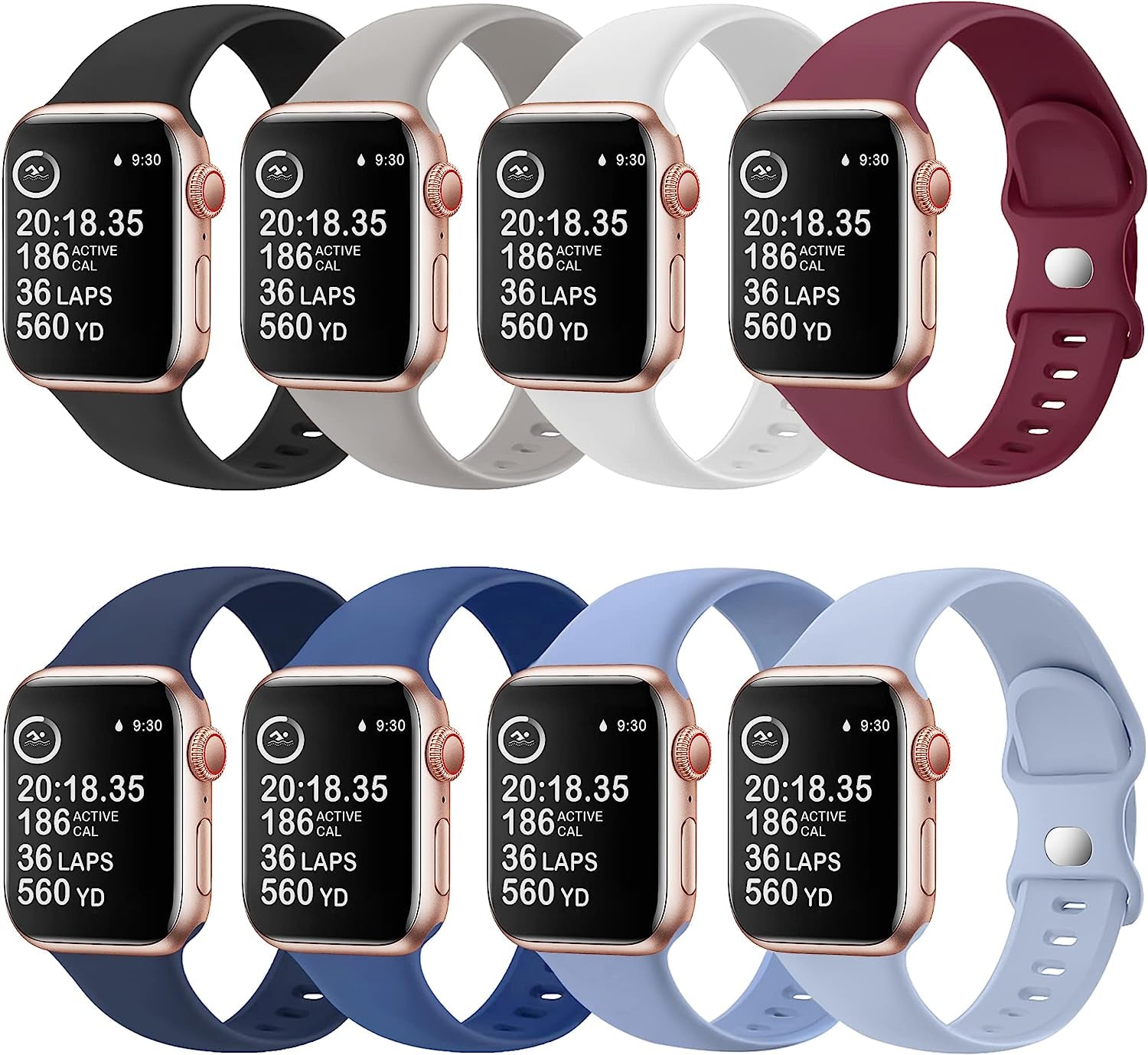 8 Pack Watch Bands Compatible with Apple Watch Band 38Mm 40Mm 41Mm 42Mm 44Mm 45Mm 49Mm for Women Men, Soft Silicone Waterproof Sport Strap Replacement Wristbands for Iwatch Series 8 7 6 5 4 3 2 1 SE  OriBear 8 Pack A (Dark Gray/Black/White/Wine Red/Midnight Blue/Sapphire/Haze Blue/Sky Blue) 38mm/40mm/41mm M/L 