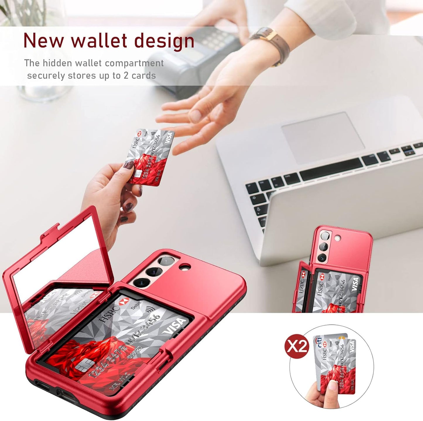 Welovecase Samsung Galaxy S22 Case Wallet Case with Credit Card Holder & Hidden Mirror, All-Round Protection Shockproof Phone Cover Designed for Samsung Galaxy S22 5G, 6.1 Inch Red  WeLoveCase   