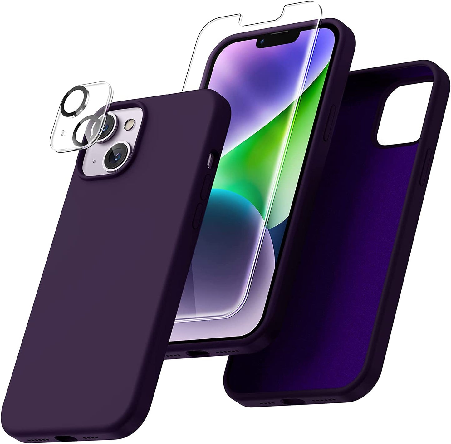 Uyiton [5 In1] Liquid Silicone Iphone 12 PRO Max Case, [Drop Protection] [Full Covered] Shockproof Slim Thin Cover with Microfiber Lining, with 2Xscreen Protector +2Xcamera Lens Protector-Green  Uyiton 14P-Dark Purple Iphone 14 Plus 