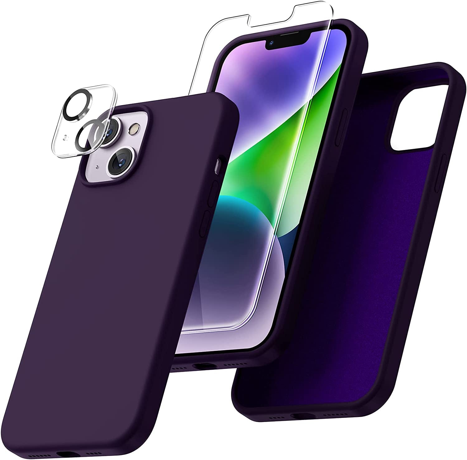 Uyiton [5 In1] Liquid Silicone Iphone 12 PRO Max Case, [Drop Protection] [Full Covered] Shockproof Slim Thin Cover with Microfiber Lining, with 2Xscreen Protector +2Xcamera Lens Protector-Green  Uyiton 14P-Dark Purple Iphone 14 Plus 