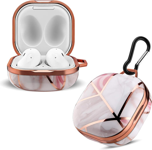 BAISRKE Cute Galaxy Buds Live Case Cover, Shiny Chrome Geometric Marble Case with Keychain Full Protective Shockproof Hard Case Cover for Samsung Galaxy Buds Live/Galaxy Buds Pro - Pink  BAISRKE   