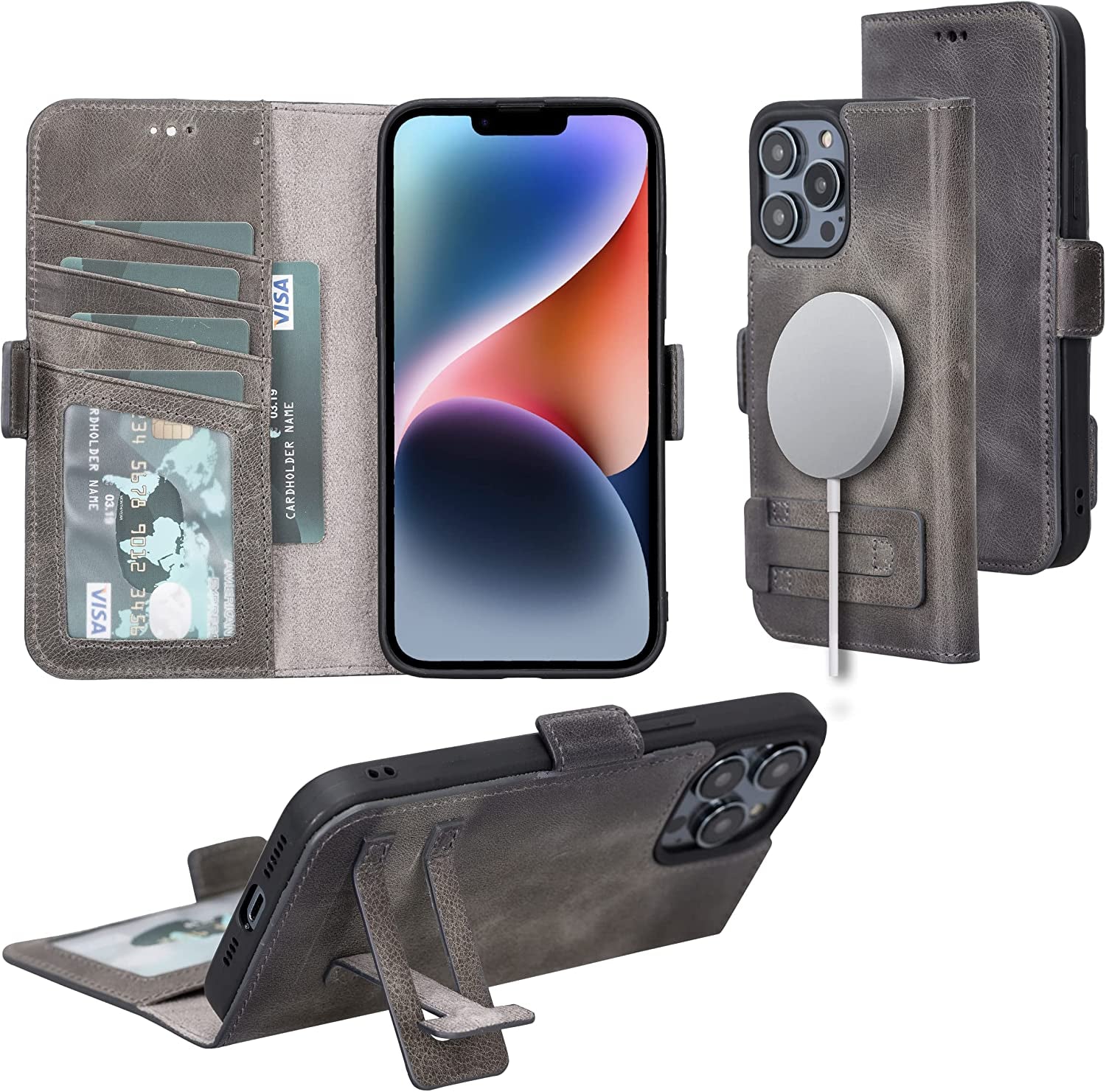 Bayelon Leather Wallet Case for Iphone 14 Pro Max - Flip Cover Card Holder Slots, Iphone 14 Pro Max Case Compatible with Apple Magsafe, Full Grain Leather Folio Case, Kickstand Function (A. Camel)  Bayelon Smoked Black (14 Pro Max) iPhone 14 Pro Max (6.7") 