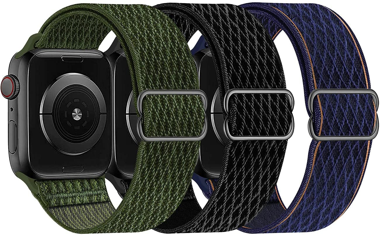 Swhatty Stretchy Nylon Solo Loop Bands Compatible with Apple Watch 41Mm 40Mm 38Mm, Adjustable Braided Sport Elastics Women Men Strap for Iwatch Series 8 7 6 5 4 3 2 1 SE (Black, Rose Pink, Cream)  Swhatty Black/Army Green/Deep Navy Blue 38mm/40mm/41mm 