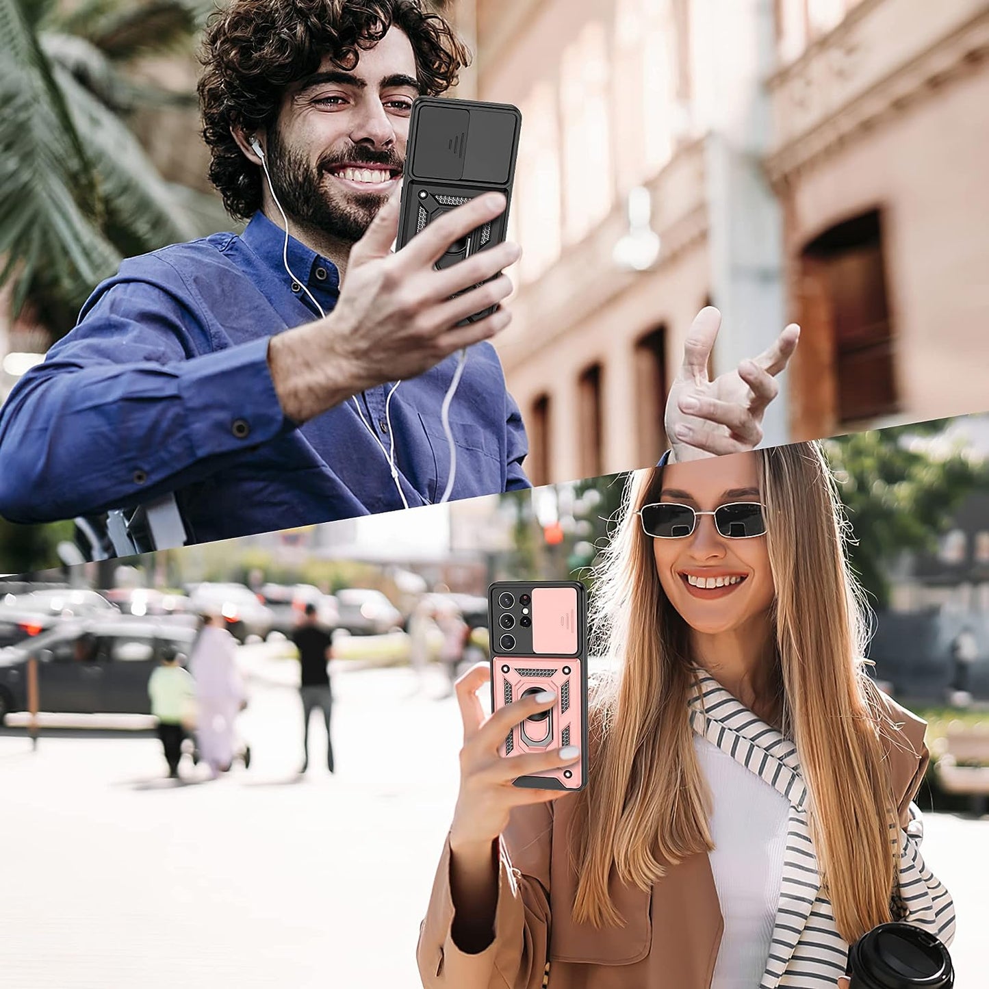 Compatible with Samsung Galaxy S21 Ultra Case,S21 Ultra Case with HD Screen Protector with Slide Camera Cover, 360°Rotation Ring Kickstand [Military Grade] Case for Galaxy S21 Ultra, Rose Gold  Gritup   