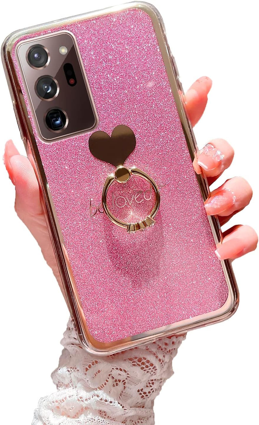 Case for Galaxy Note 20 Ultra 5G Girls Women Cute Luxury Glitter Shiny Sparkly Shell with Ring Stand UPC Soft Slim Bumper Shockproof Protective Phone Cover for Samsung Galaxy Note 20 Ultra 6.9" - Pink  Easyscen   