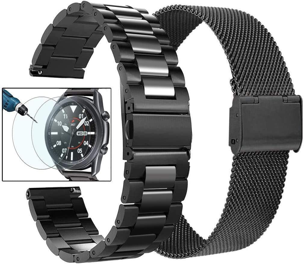 Valkit Compatible Samsung Galaxy Watch 42Mm/Galaxy Watch 5/4 40Mm 44Mm/Galaxy Watch Pro 5 45Mm/Galaxy Watch 3 41Mm Band, 2 Pack 20Mm Stainless Steel Wristbands Men Women for Galaxy Watch Active  VKT Polished Black 45mm/46mm 