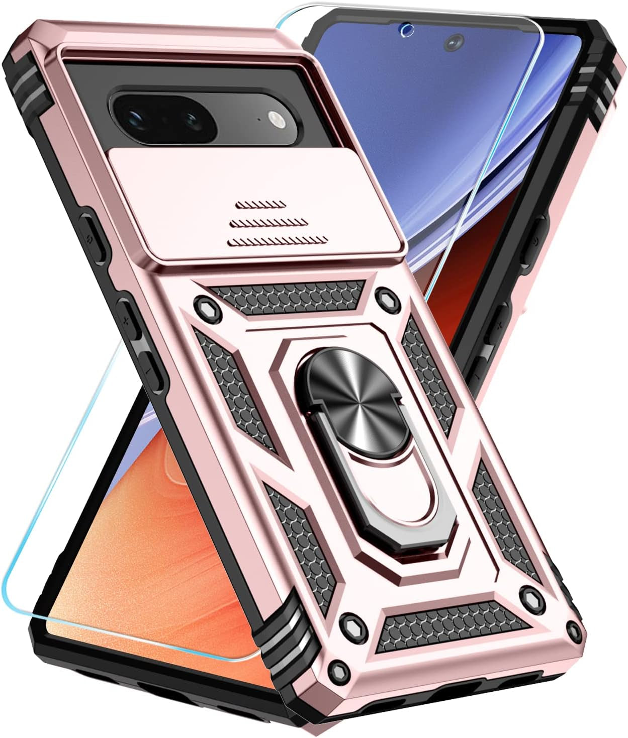 Sunstory for Google Pixel 7A Case with Tempered Glass Screen Protector & Slide Camera Cover & Kickstand, [Not for Pixel 7/7 Pro Phone], Google 7A Case [Military Grade] Case for Pixel 7A (Red)  SunStory Rosegold  