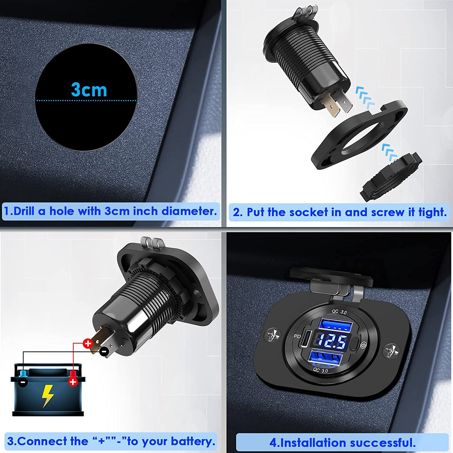 12V USB Car Charger Socket 2 Pack: Upgraded Aluminum Metal 56W 12 Volt USB Outlet PD3.0 20W USB C and Dual QC3.0 18W Multi Car USB Port with LED Voltmeter On/Off Switch for Boat Marine RV Motorcycle  Shenzhen GSG Technology Co.Ltd   