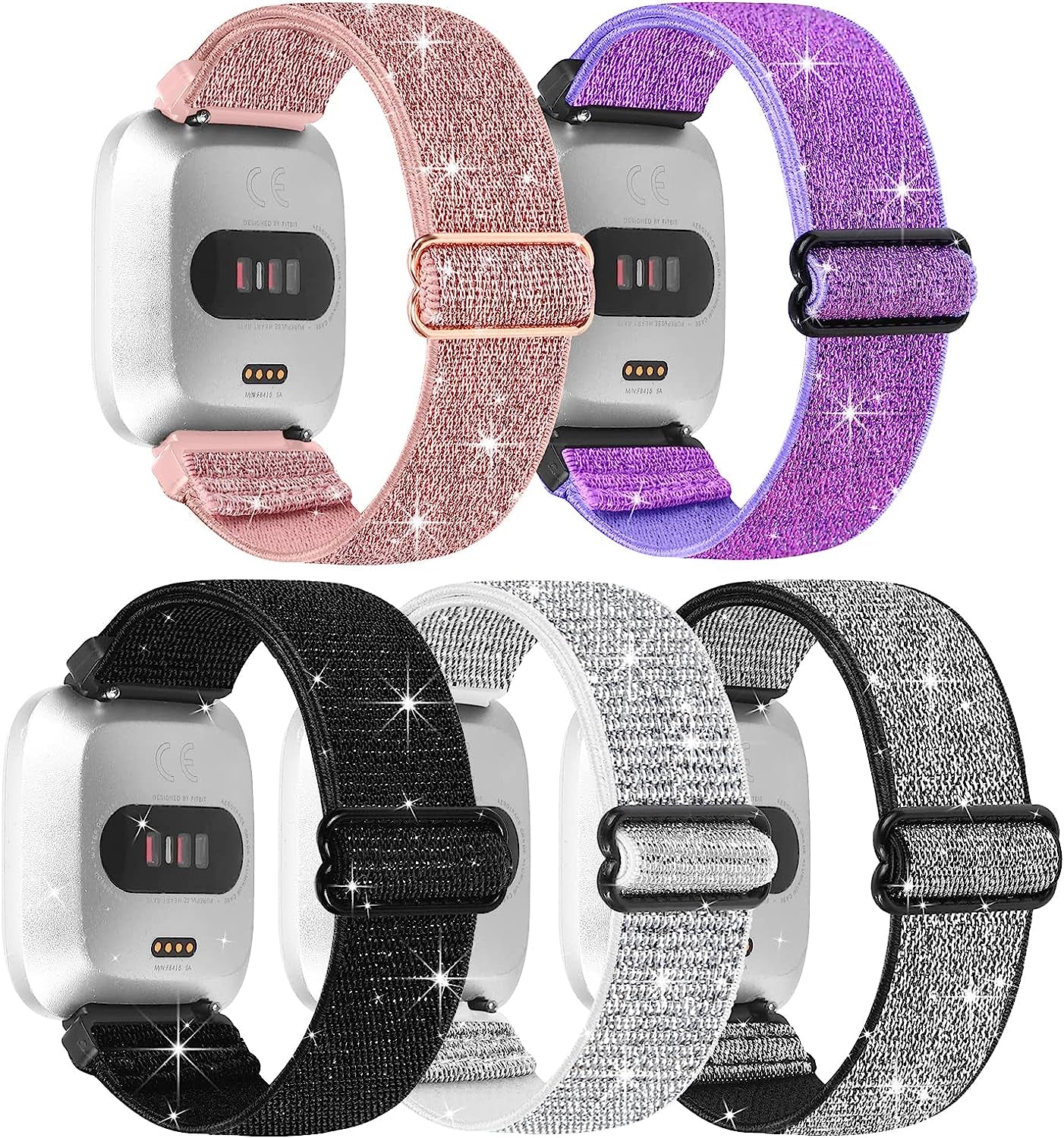 5 Pack Elastic Nylon Bands Compatible with Fitbit Versa/Versa 2 / Versa Lite/Versa SE for Women Men, Adjustable Breathable Fabric Sport Elastic Wristband for Fitbit Versa Smart Watch  GLMDKAI   