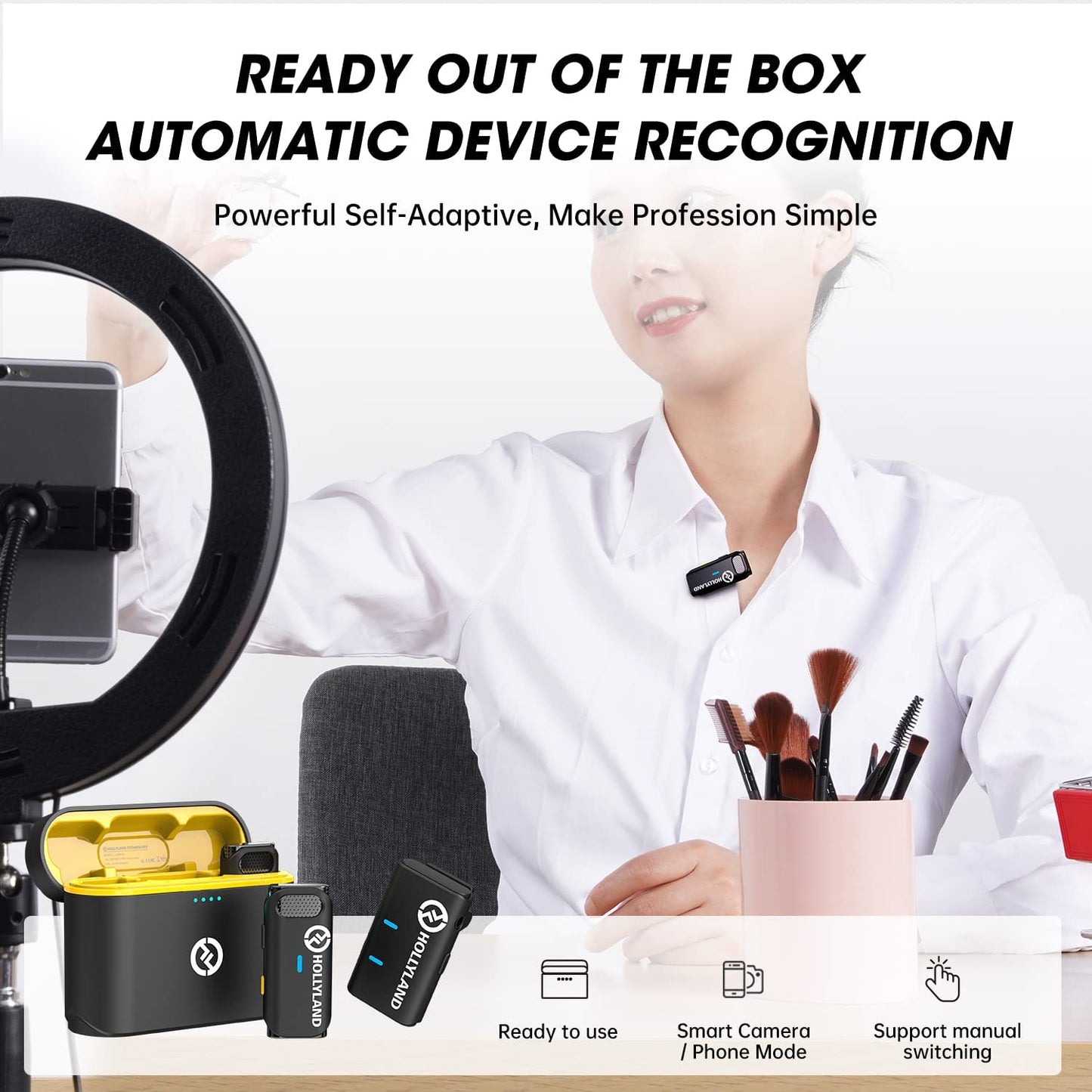 Hollyland Lark M1 2.4Ghz Wireless Lavalier Microphone System, 650Ft Range Noise Cancellation Dual-Channel Lapel Mic for Camera Phone Video Recording Live Stream Vlog Interview, 2Tx+1Rx+Charging Case  HollyView   