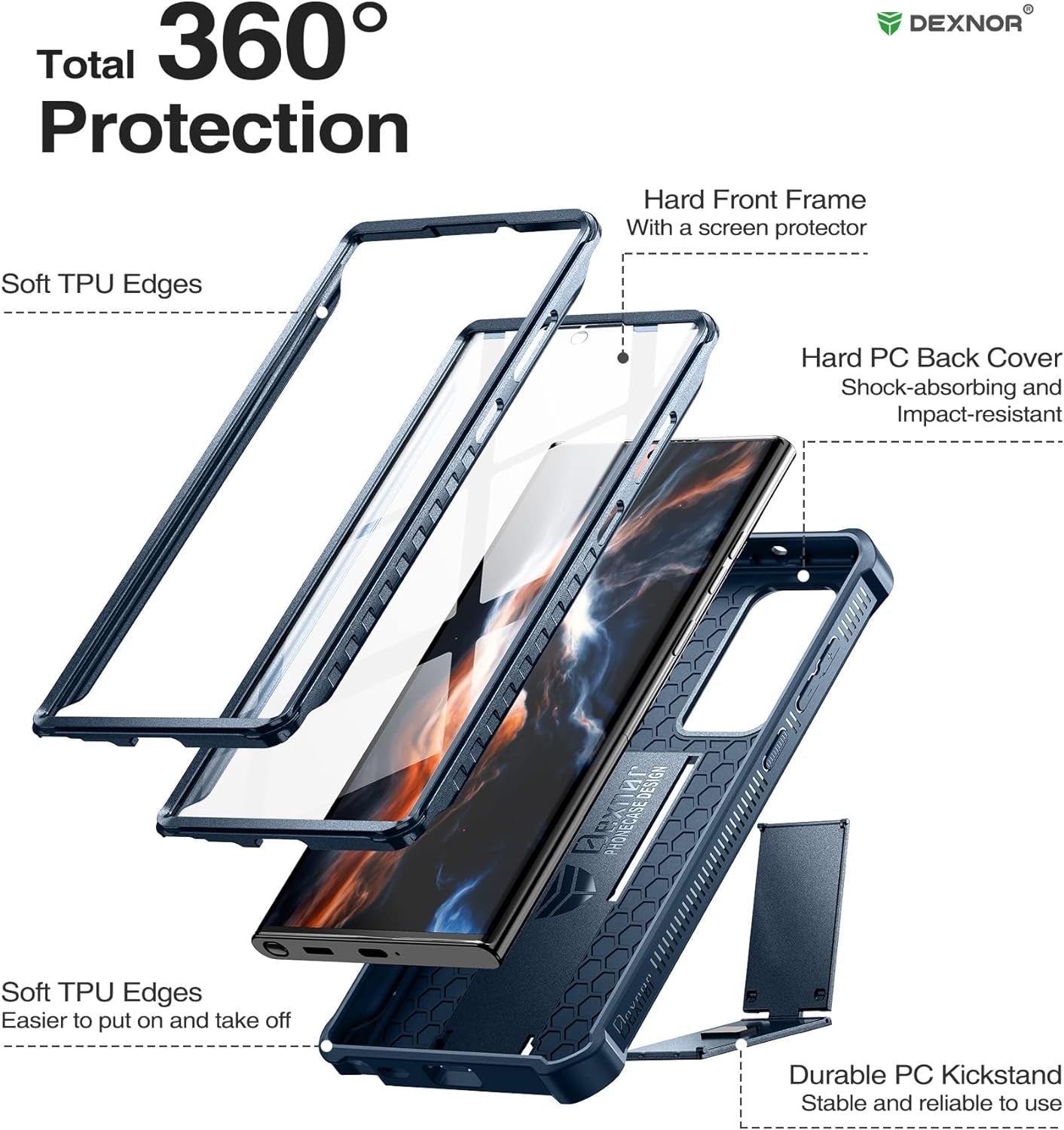 Dexnor Full Body Case for Samsung Galaxy S22 Ultra 5G/6.8 Inches, [Extra Front Frame] Heavy Duty Military Grade Protection Built-In Screen Protector and Kickstand for Samsung S22 Ultra 5G,Navy Blue  Dexnor   