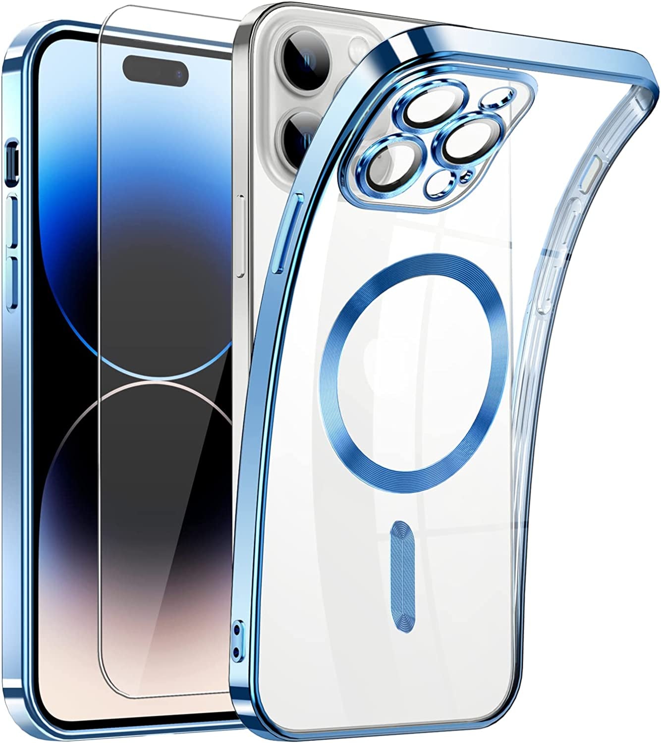 Magnetic Clear for Iphone 14 Pro Max Case with Magsafe [Integrated Camera Glass] Women Phone Case [Original Iphone Exterior] Silicone Cover Slim Thin [Non-Yellowing] Anti-Fingerprint Scratch Men  DOSNTO F-Blue Iphone 14 Pro 6.1 Inch 