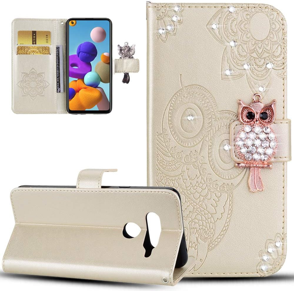 ISADENSER Case for LG V40 Thinq, LG V40 Thinq Case for Women Glitter Bling Diamond Case with Cards Slot Cash Pockets Embossing PU Leather Flip Wallet Case for LG V40 Thinq, Crystal Owl Brown YK  ISADENSER Gold  