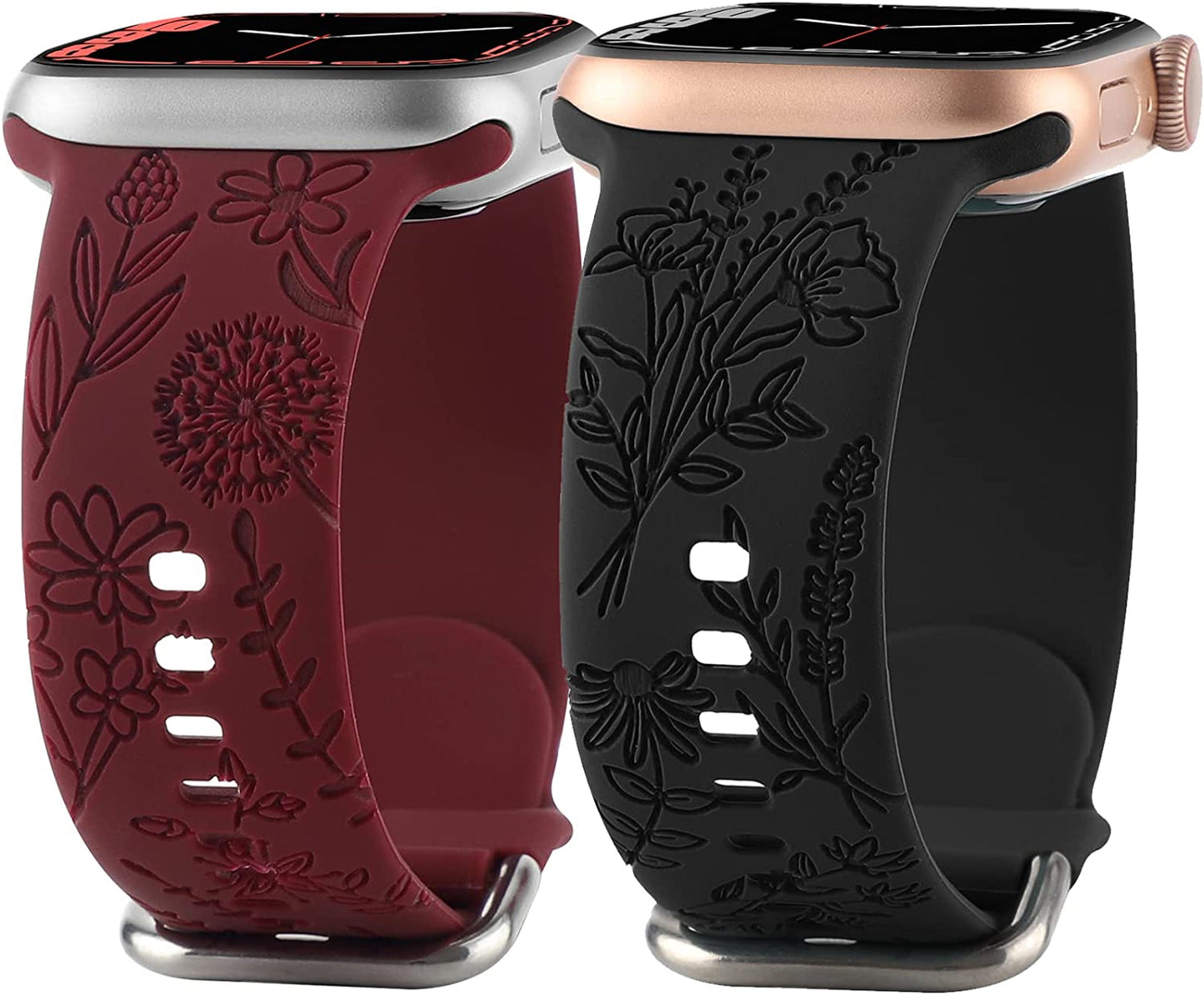 Flower Engraved Silicone Band Compatible with Apple Watch Bands 38Mm 40Mm 41Mm, Cute Women Wildflowers Floral Design Soft Sport Strap Replacement Wristbands for Iwatch Series 8 7/SE/6/5/4/3/2/1  FERJITGR Wine Red Black 38/40/41mm 