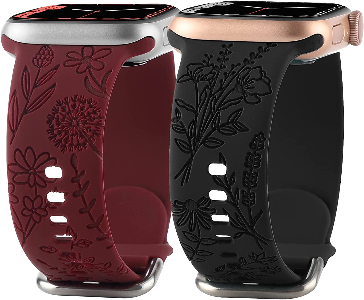 Flower Engraved Silicone Band Compatible with Apple Watch Bands 38Mm 40Mm 41Mm, Cute Women Wildflowers Floral Design Soft Sport Strap Replacement Wristbands for Iwatch Series 8 7/SE/6/5/4/3/2/1  FERJITGR Wine Red Black 38/40/41mm 