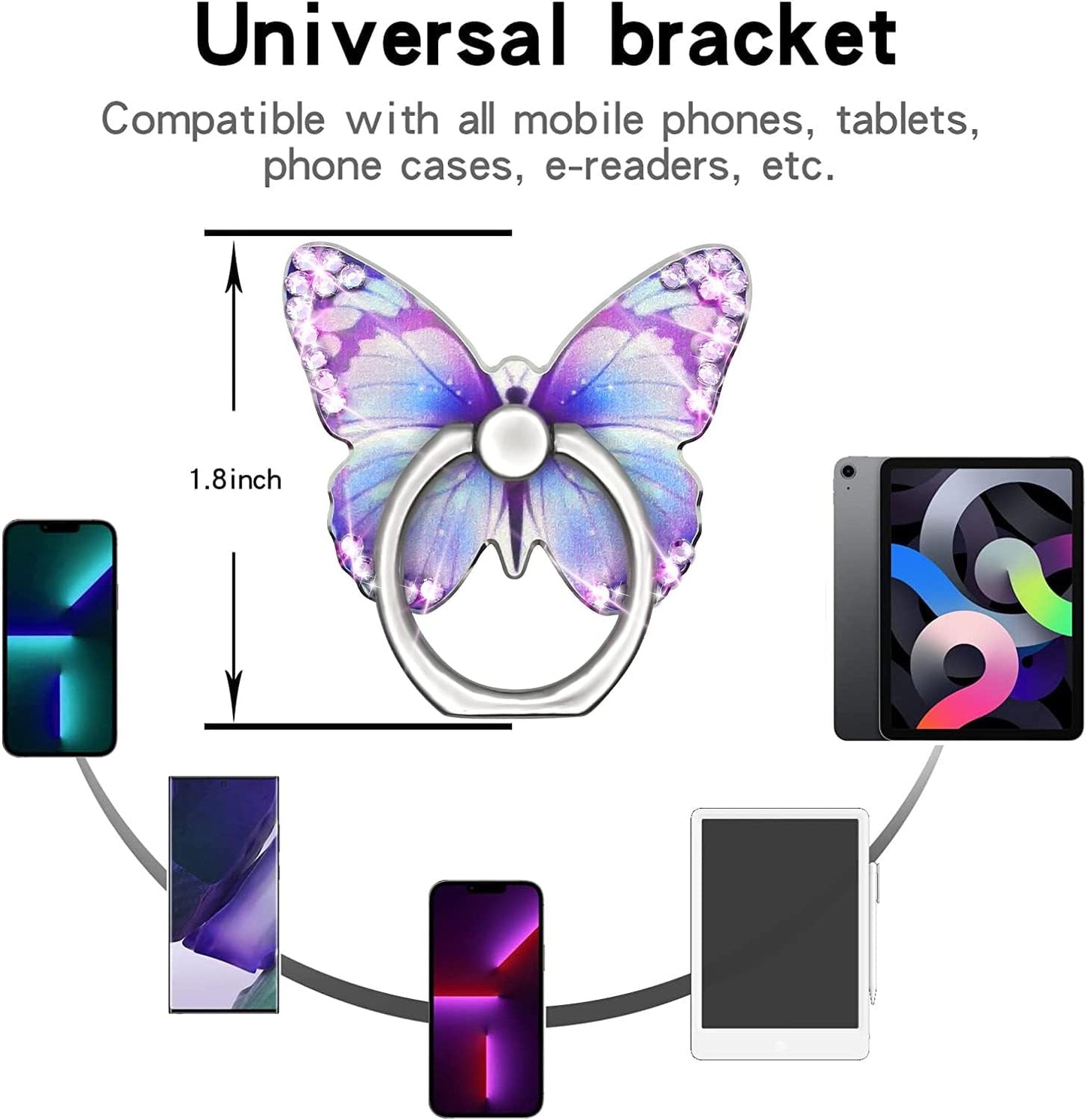 Bling Cute Butterfly Cell Phone Ring Holder with Crystal Rhinestone 360°Rotation Metal Finger Stand Kickstand Universal Compatible with Iphone Samsung Galaxy LG Google Ipad 2 Pack（Purple & Pink）  Walaivgne   
