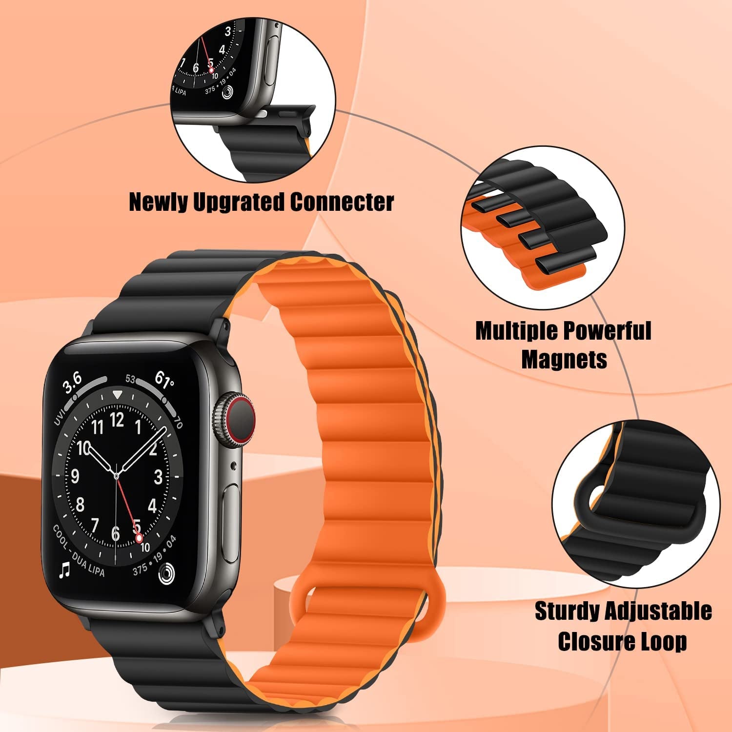 HITZEE Compatible with Apple Watch Band 49Mm 45Mm 44Mm 42Mm, Double Sided Wearable Silicone Magnetic Loop Bands Compatible for Apple Watch Ultra Series 8 7 SE 6 5 4 3 2 1, Orange Black  HITZEE   