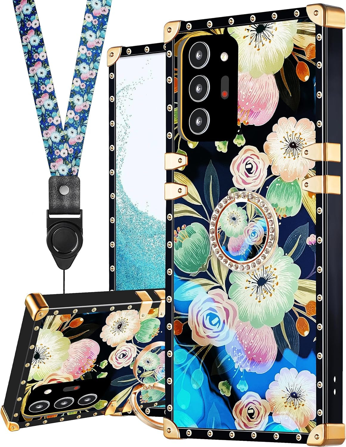 Loheckle for Samsung Galaxy Note 20 Ultra Case for Women, Designer Square Cases for Galaxy Note 20 Ultra with Ring Stand Holder and Lanyard, Stylish Bees Luxury Cover for Note 20 Ultra 6.9''  Loheckle Flowers Samsung Galaxy Note 20 Ultra 