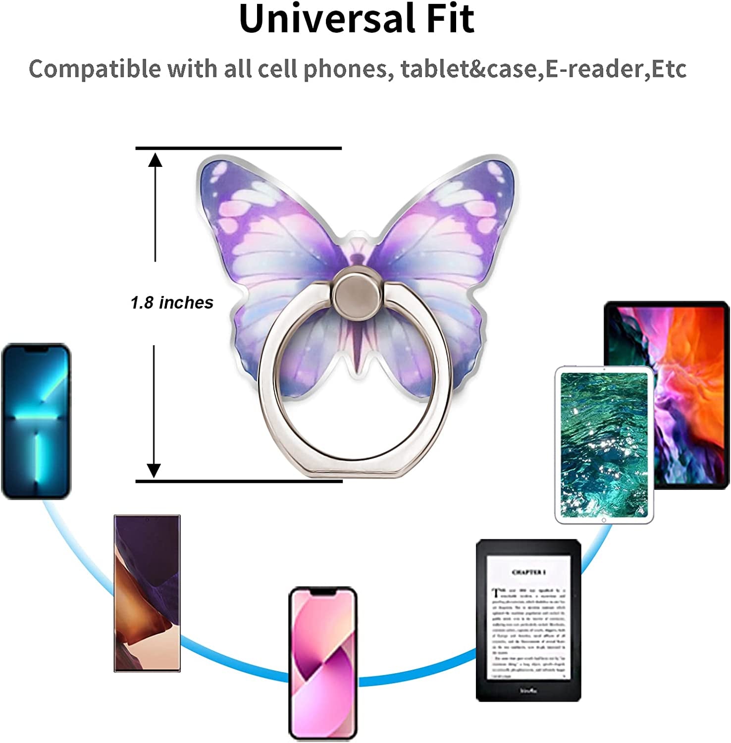 TACOMEGE Purple Metal Cell Phone Ring Butterfly Holder, Finger Kickstand Back Stand Hand Grip Compatible with Smartphone, Tablet, E-Reader, Etc.  TACOMEGE   