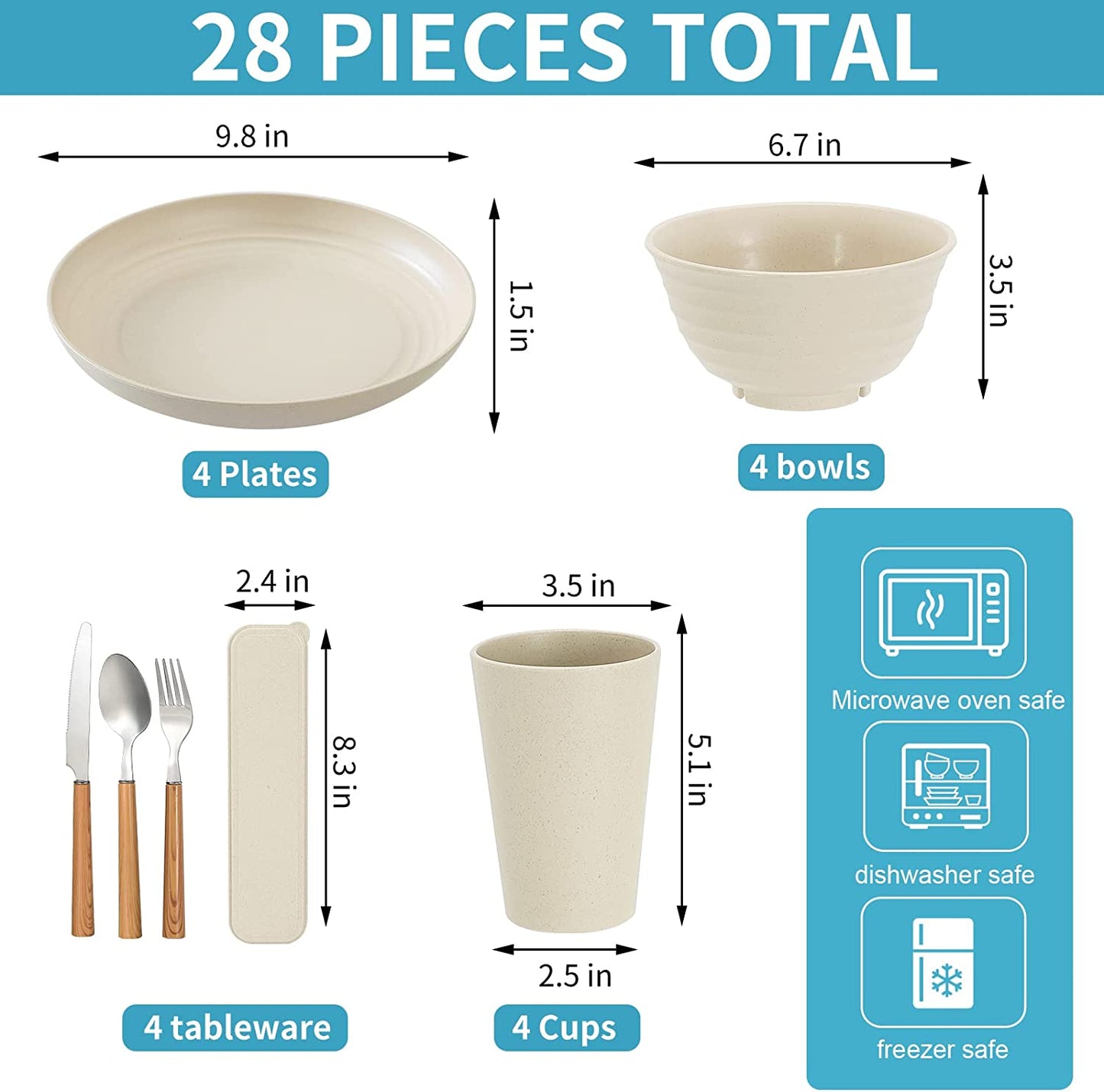 28Pcs Wheat Straw Dinnerware Sets, Plates and Bowls Sets for 4, Large Plates, Bowls, Cups for Camping, Picnic Microwave Safe  Wwyybfk   