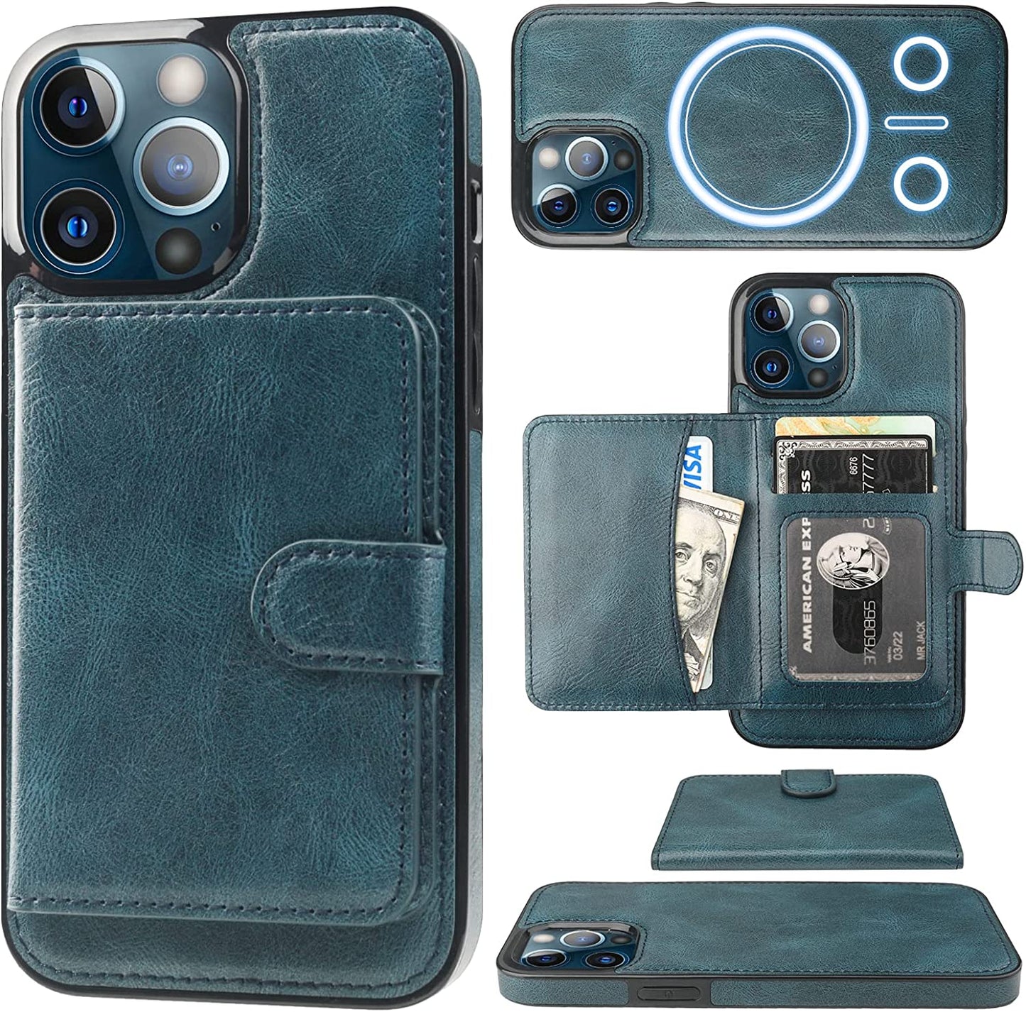 Bocasal Wallet Case for Iphone 13 Pro Max Compatible with Magsafe Magnetic RFID Blocking Detachable Premium PU Leather Flip Case with Card Slots Holder Kickstand Wireless Charging 6.7 Inch (Brown)  Bocasal Blue  