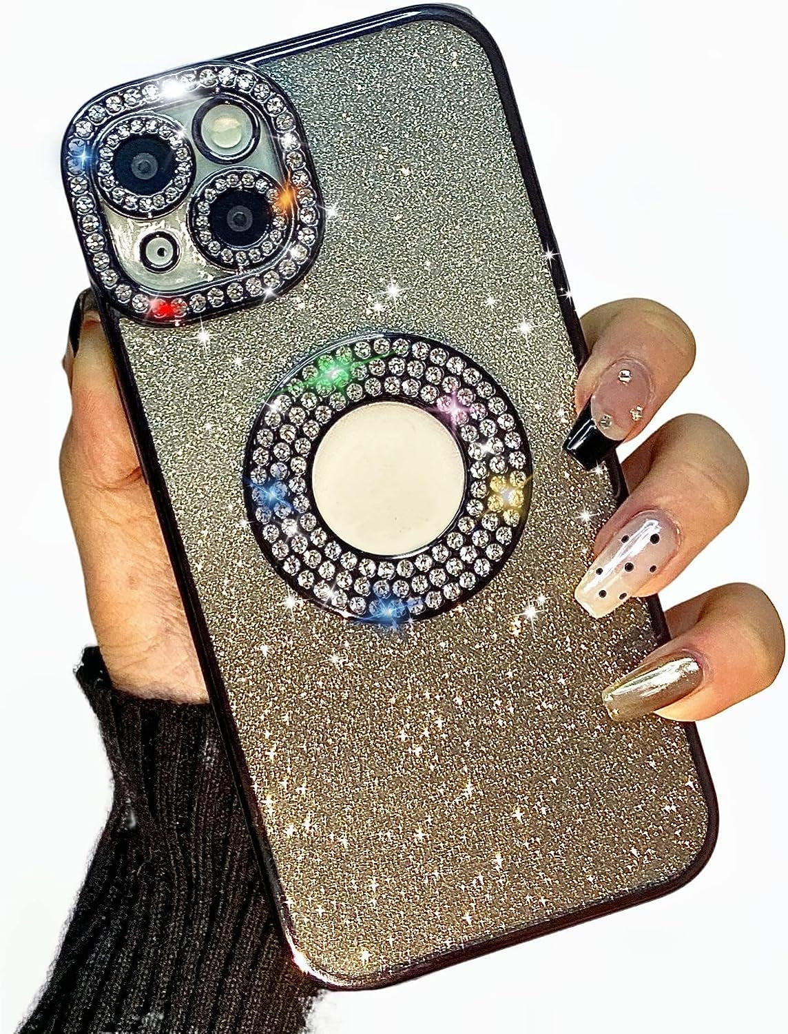 Yivenbarity Compatible for Iphone 13,Bling Luxury Plating Rhinestone Design Cover for Women Girl,Shiny Glitter Crystal Diamond Sparkle Gradient Clear Case with Camera Lens Shockproof Protection-Gold  Yivenbarity Black  