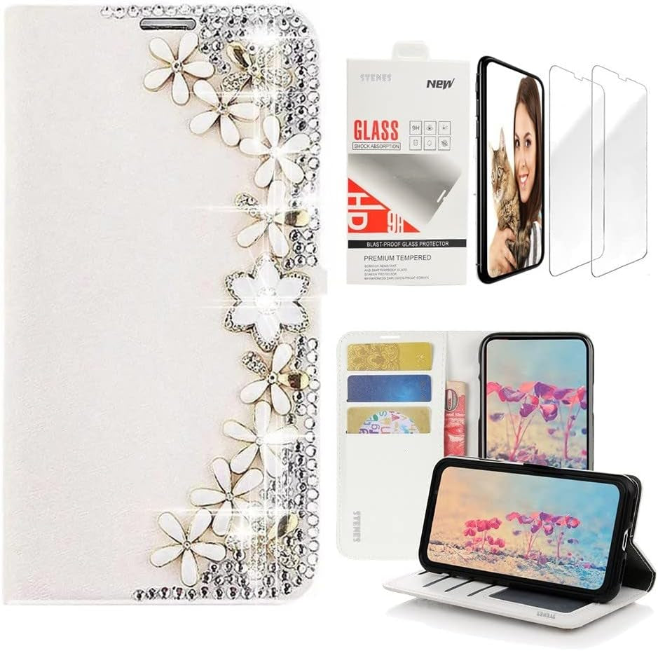 STENES Bling Wallet Case Compatible with LG G7 Thinq - Stylish - 3D Handmade Flowers Design Leather Case with Wrist Strap & Screen Protector [2 Pack] - Pink  STENES Flowers Floral / White Design For Iphone 14 Pro 