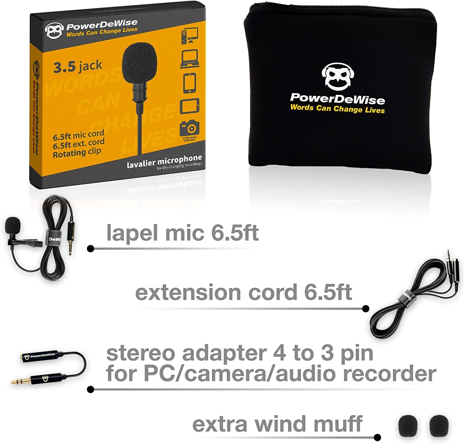 Powerdewise Professional Grade Lavalier Clip on Microphone - Lav Mic for Camera Phone Iphone Gopro Video Recording ASMR - Small Noise Cancelling 3.5Mm Tiny Shirt Microphone with Easy Clip on System  PowerDeWise   