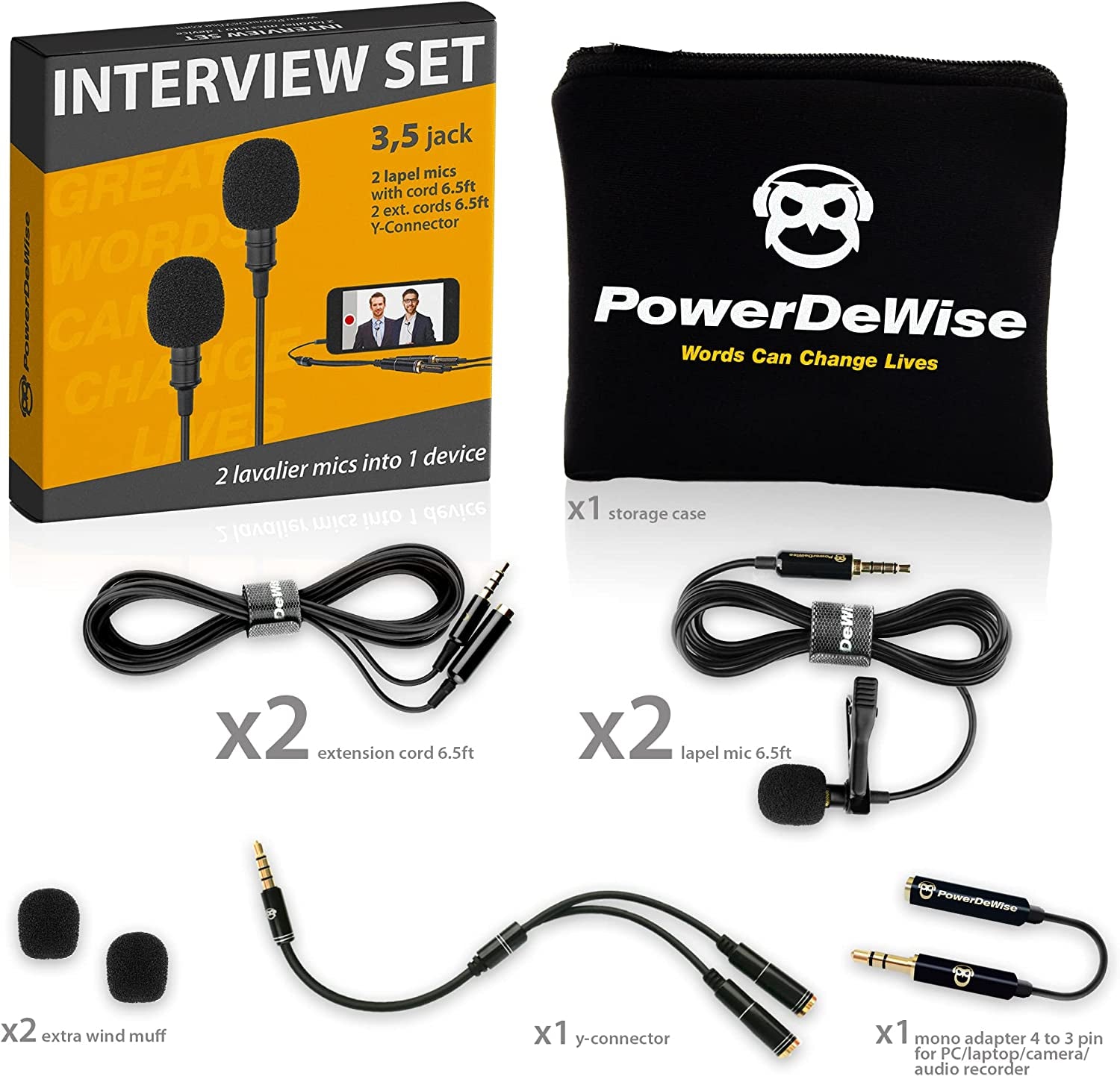 Powerdewise Professional Grade 2 Lavalier Clip-On Microphones Set for Dual Interview - Double Lav Lapel Microphone - Use for Iphone Phone Camera - Blogging Video Recording Noise Cancelling 3.5Mm Mic  PowerDeWise   
