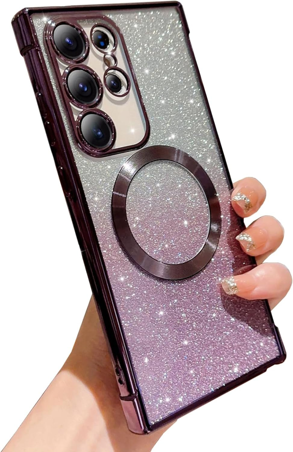 Aowner for Samsung Galaxy S21 Ultra Magnetic Case Compatible with Magsafe, Full Protection Square Glitter Clear Phone Case for Women Girls Cute Soft Shockproof Bumper Protective Cover Case 6.8"-Gold  aowner Purple Samsung Galaxy S21 Ultra - 6.8" 