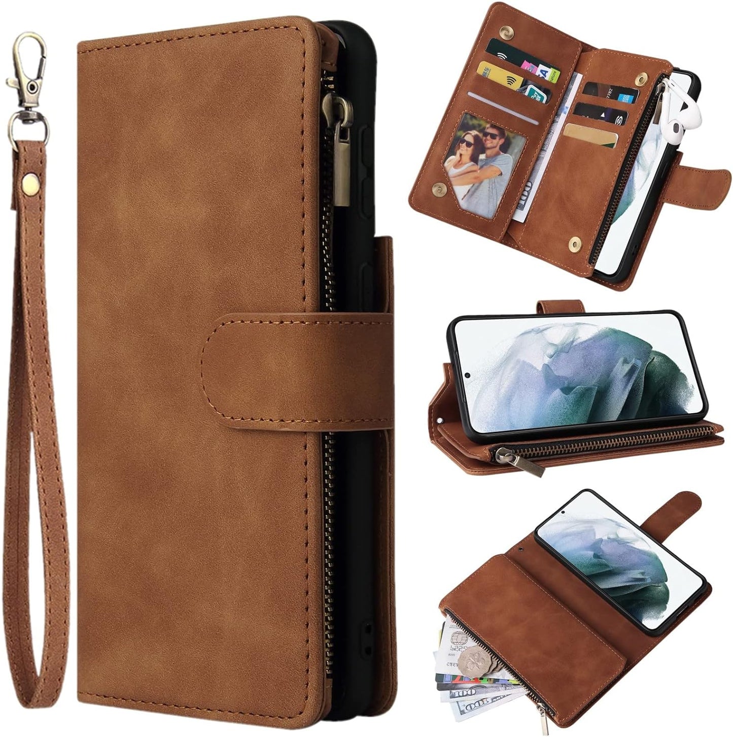 ZZXX Samsung Galaxy S22+ plus Case Wallet with Card Slot Premium Soft PU Leather Zipper Flip Folio with Wrist Strap Kickstand Protective for Samsung S22+ plus Wallet Case(Wine Red-6.6 Inch)  ZZXX Brown Samsung Galaxy S22+ Plus 