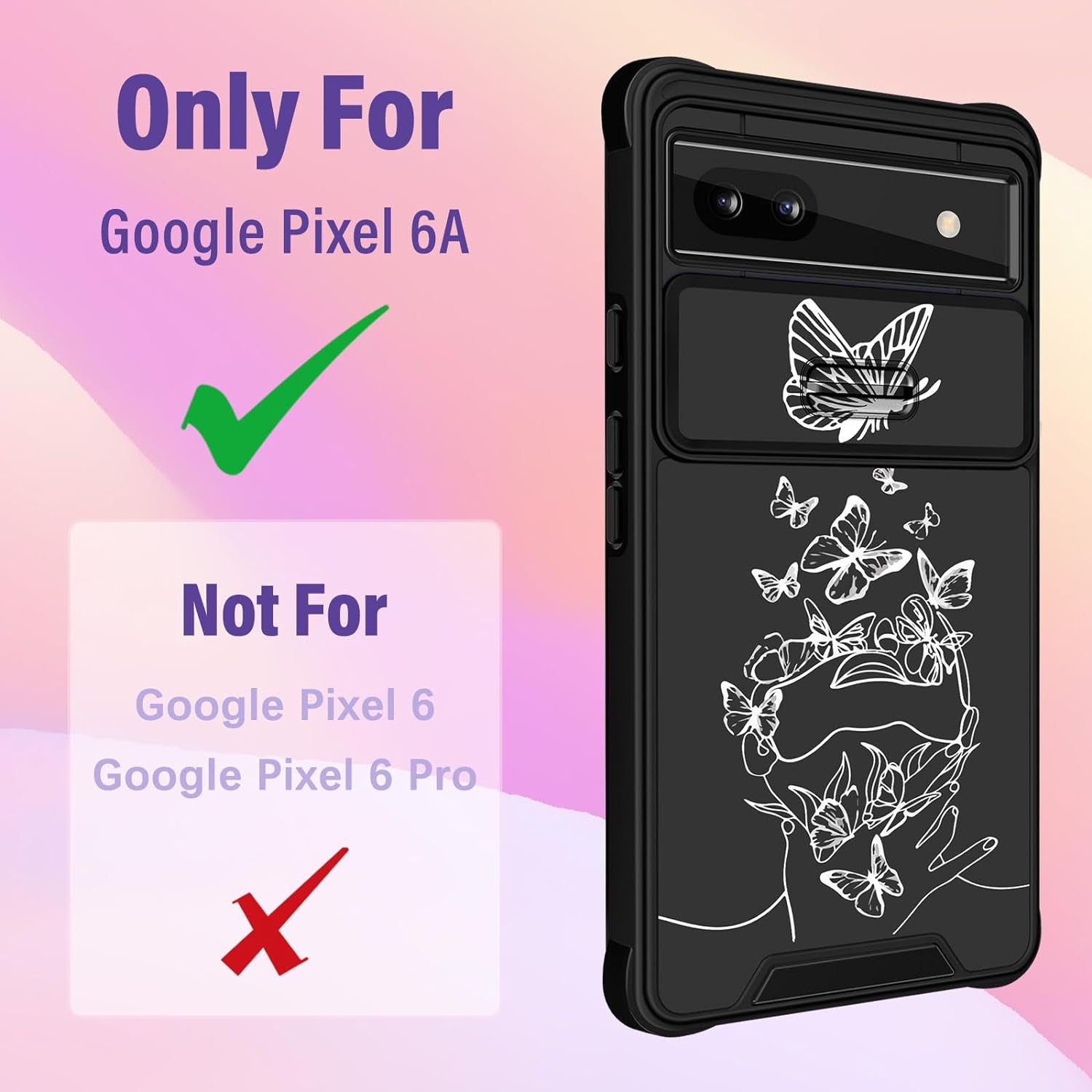 Funermei (2In1 for Google Pixel 6A Case for Women Cute Butterfly Girls Cover Girly Pretty Aesthetic Fashion White Butterfly Design with Camera Cover + Ring Stand Funda for Google Pixel 6A Phone Case  Funermei   