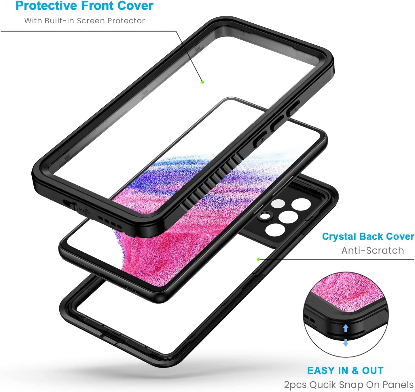 Lanhiem Samsung Galaxy A53 5G Case, IP68 Waterproof Dustproof Case with Built-In Screen Protector, Rugged Full Body Shockproof Phone Cover for Samsung A53 5G, Black/Clear  Lanhiem   