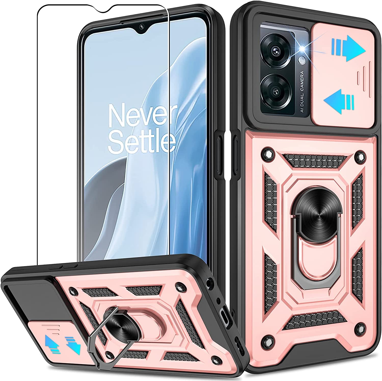 ATUMP for Oneplus Nord N300 5G Case with HD Screen Protector, Heavy Duty Shockproof with 360° Rotation Metal Kickstand [Military Grade] Protective Case for Oneplus Nord N300 5G, Black  Atump A Rose Gold  