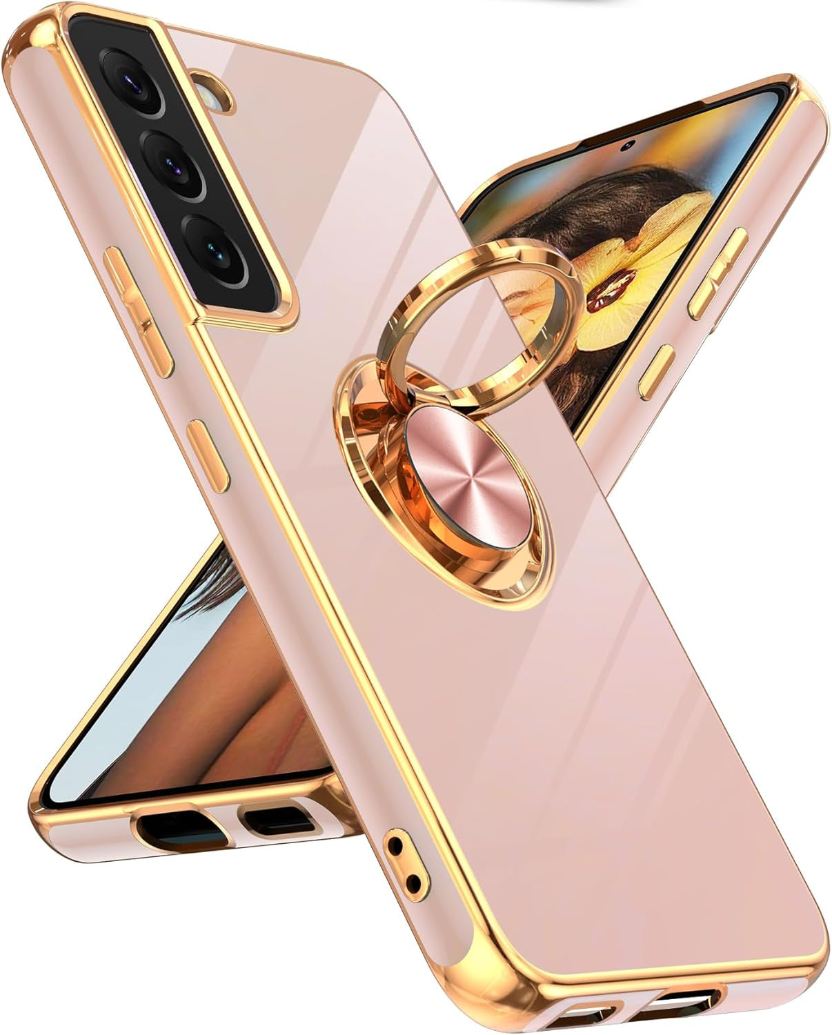 Leyi for Samsung Galaxy S22 plus Case 360° Rotatable Ring Holder Magnetic Kickstand, Plating Rose Gold Edge Protective Galaxy S22 Plus/ S22+ Case, Black  LeYi Pink Samsung Galaxy S22 