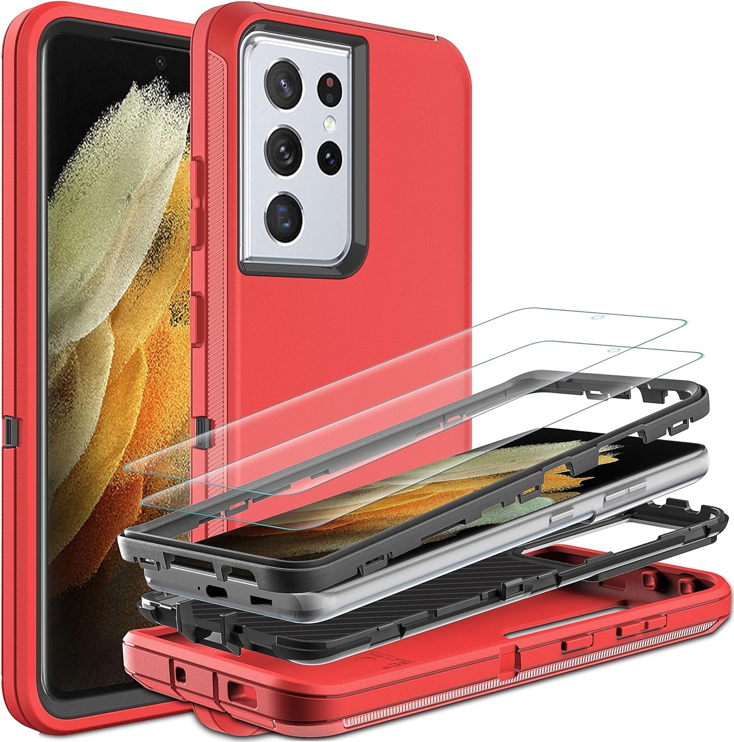 HONG-AMY for S21 Ultra Case, Samsung Galaxy S21 Ultra Case with Self Healing Flexible TPU Screen Protector[2 Pack], Military Grade Invisible Kickstand Phone Case for Galaxy S21 Ultra 5G-Green  HONG-AMY Red/Black  