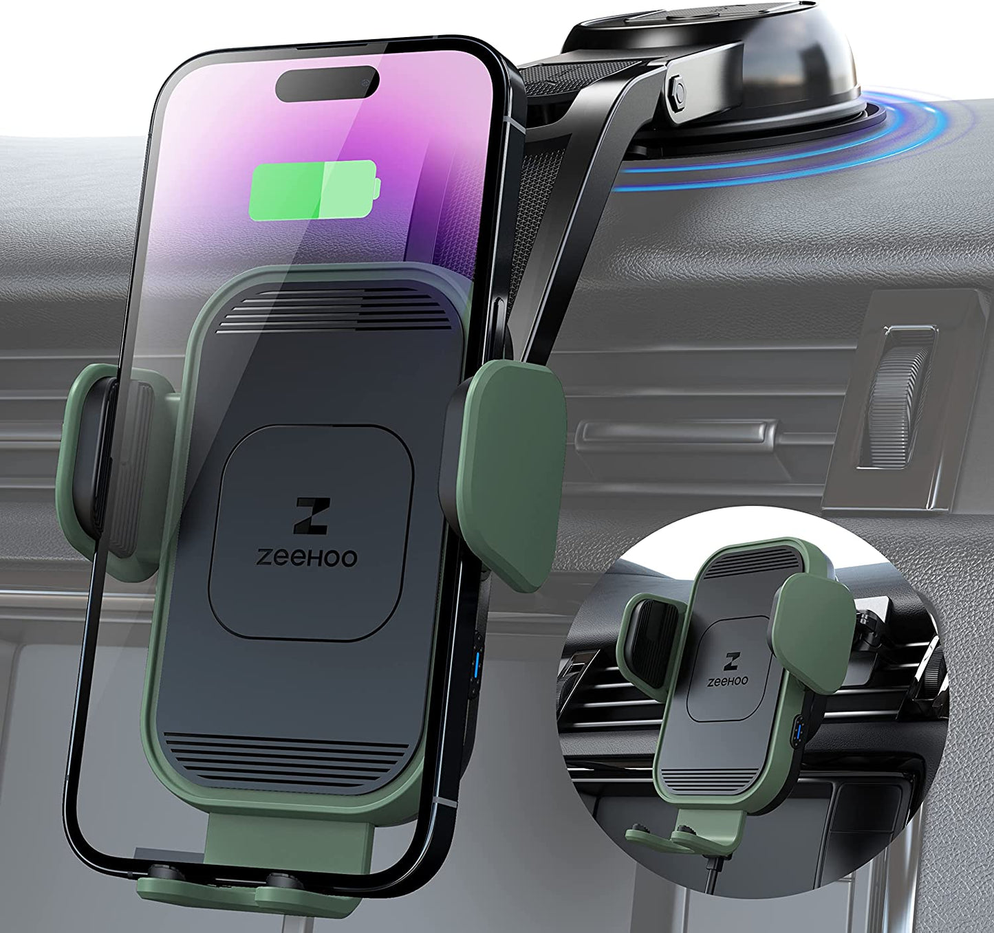 [Upgraded Version] Zeehoo Wireless Car Charger,15W Fast Charging Auto-Clamping Car Mount, Dash, Air Vent Charging Car Phone Holder for Iphone 14 13 12 11, Samsung Galaxy S23+ S22, Etc. (Black)  ZeeHoo Dark Green  