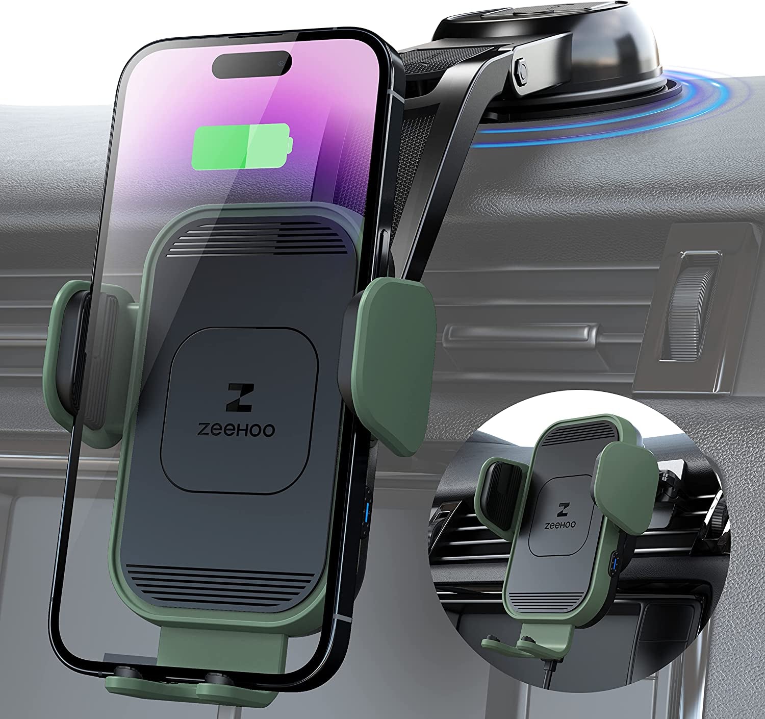 [Upgraded Version] Zeehoo Wireless Car Charger,15W Fast Charging Auto-Clamping Car Mount, Dash, Air Vent Charging Car Phone Holder for Iphone 14 13 12 11, Samsung Galaxy S23+ S22, Etc. (Black)  ZeeHoo Dark Green  