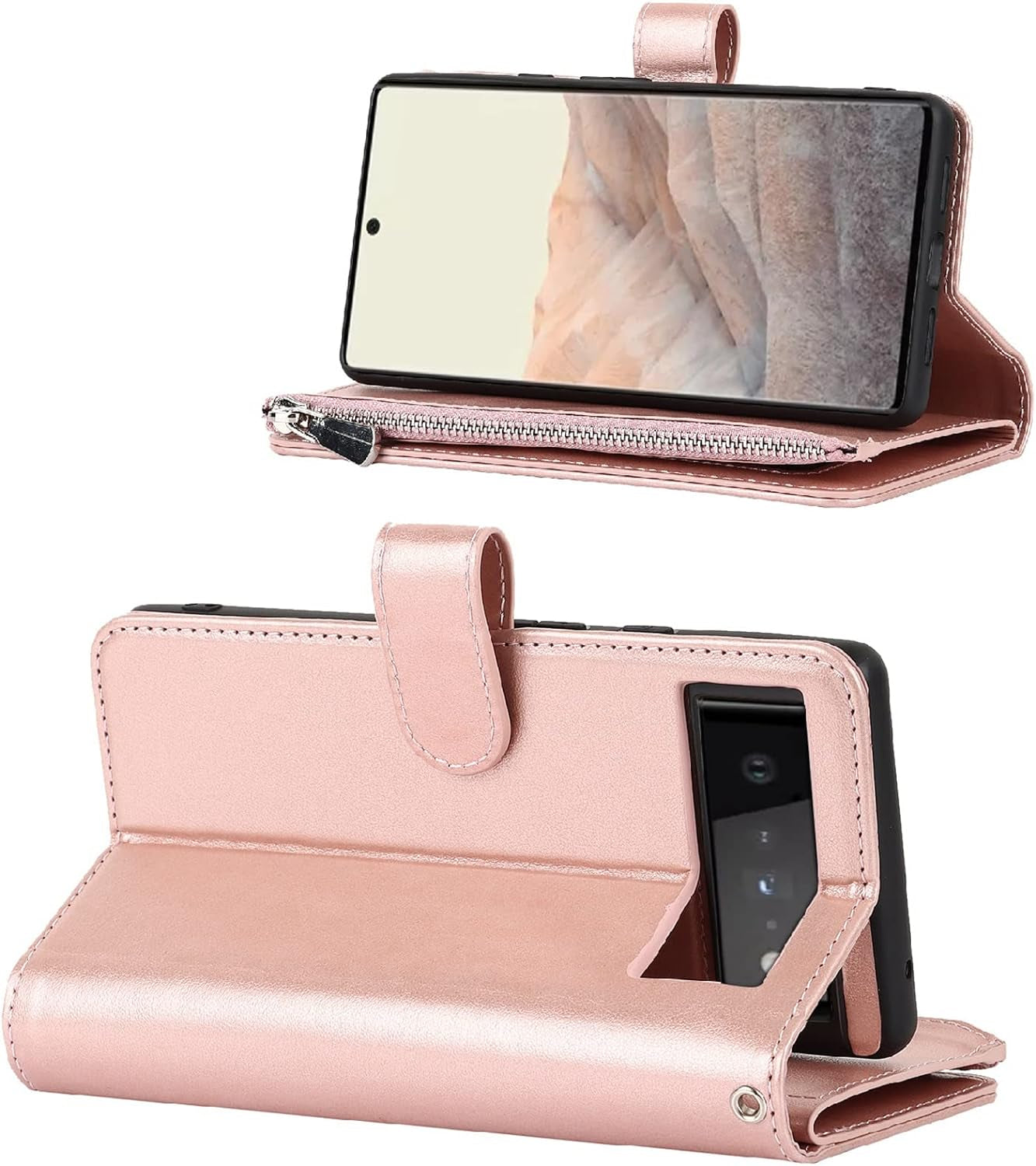 Jaorty Compatible with Google Pixel 6 Wallet Case,[6 Card Slots] [Wrist Strap] [Stand Feature] Detachable 2 in 1 Magnetic Zipper Leather Cover Case for Google Pixel 6,6.4" Rosegold  Jaorty   