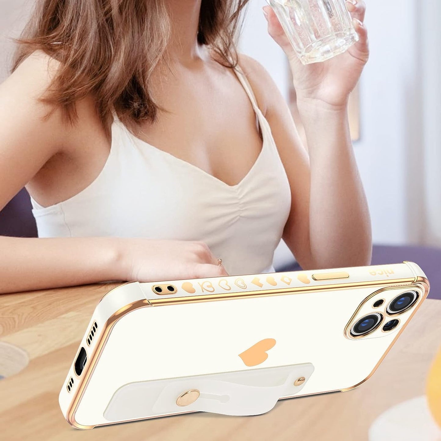 YINLAI Iphone 13 Case, Iphone 13 Cover 6.1 Inch with Finger Loop Holder Wrist Strap Kickstand Hearts Pattern Love Plating Women Girls Slim Fit Soft Shockproof Protective Phone Cases,White  YINLAI   